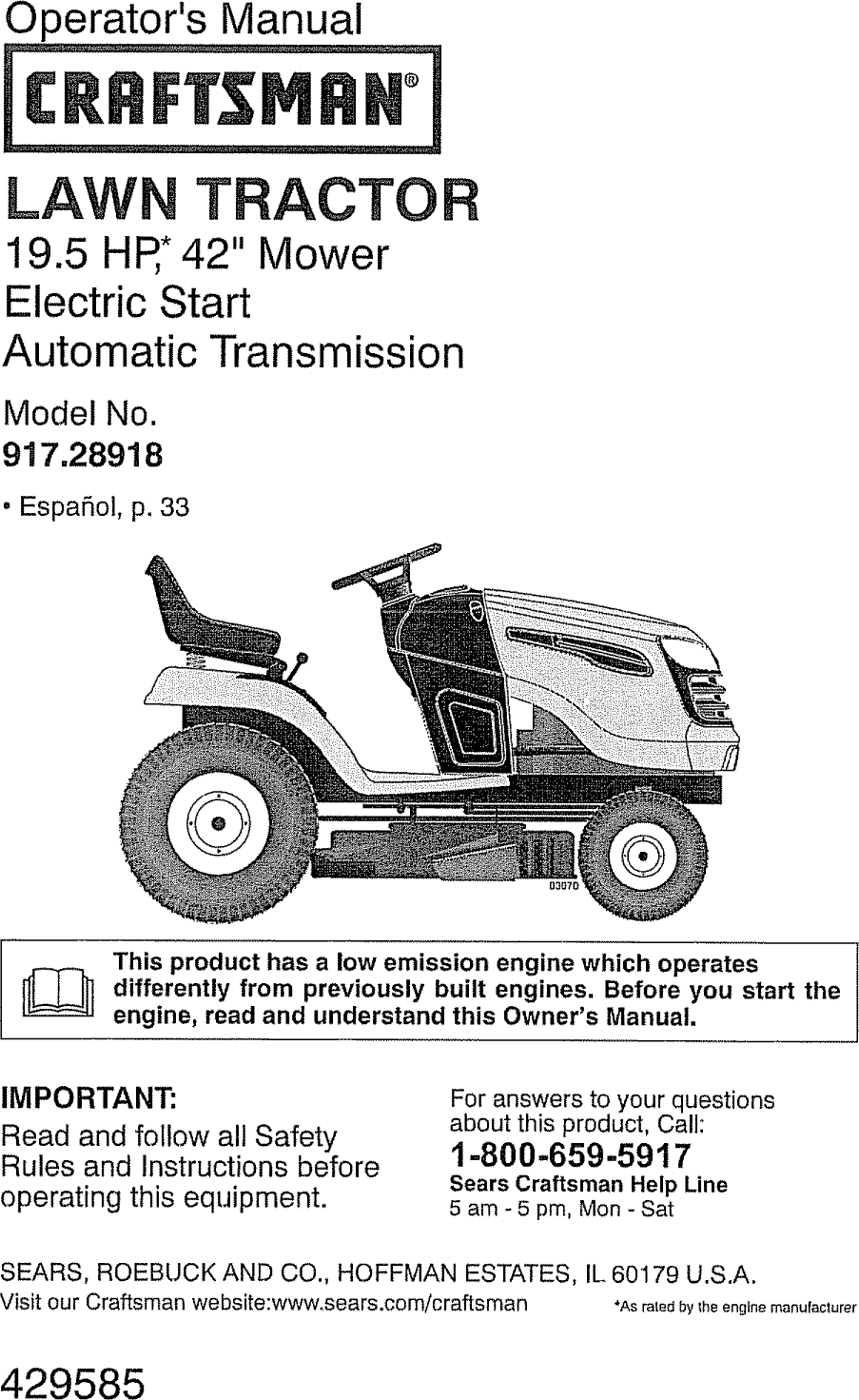 Craftsman 917289180 User Manual TRACTOR Manuals And Guides L0911303
