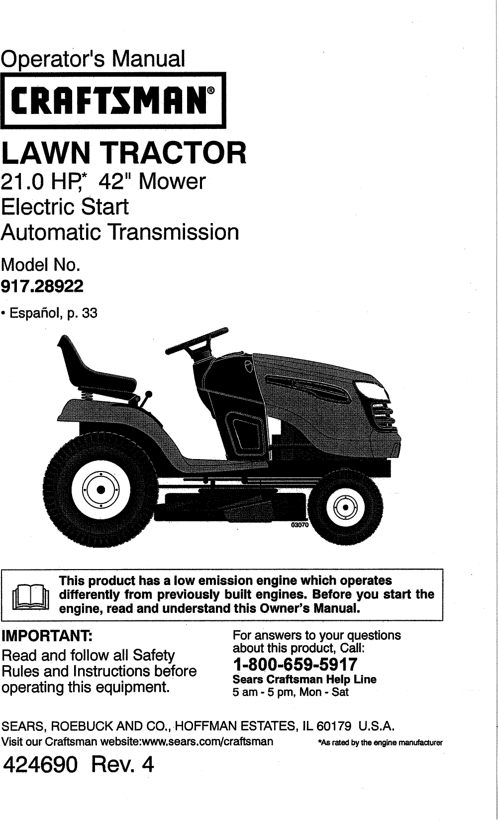 Craftsman 917289220 User Manual Tractor Manuals And Guides 1010753l