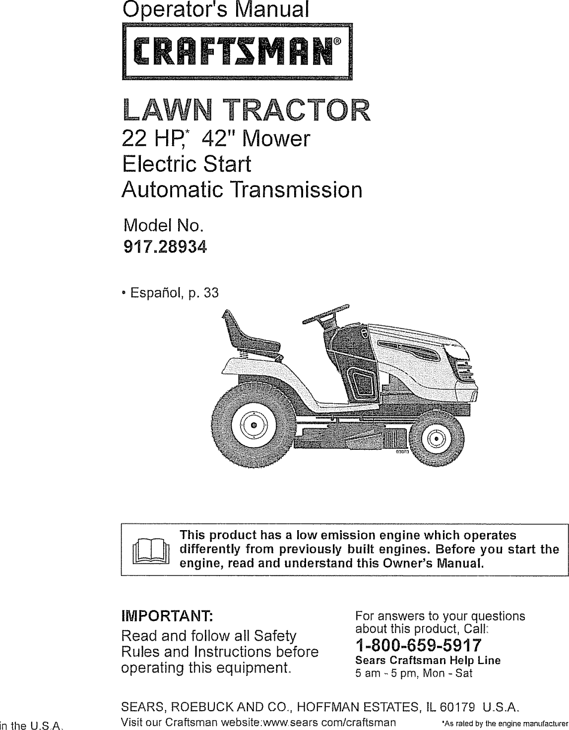 Craftsman 917289344 User Manual TRACTOR Manuals And Guides L0903470