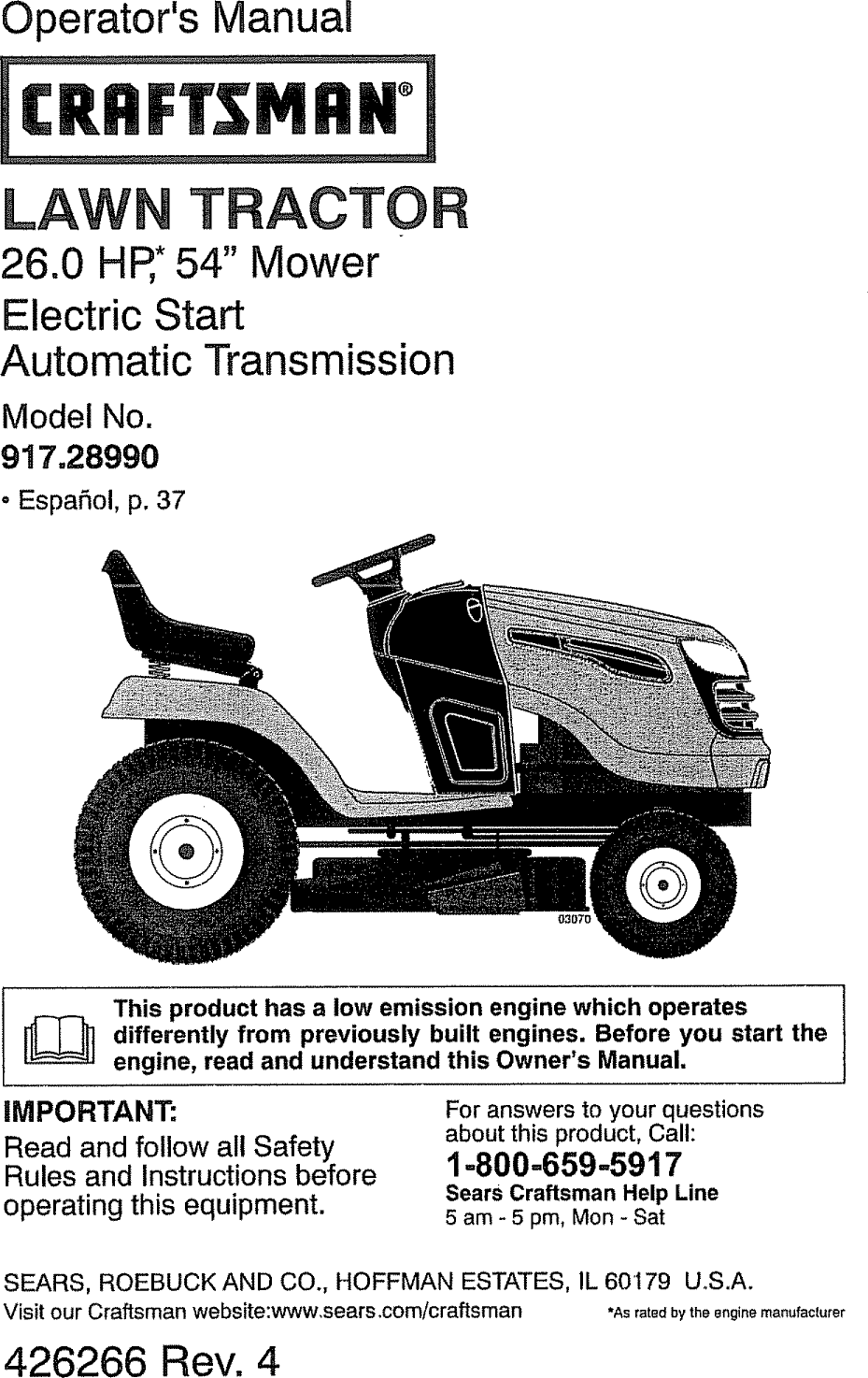 Craftsman 917289900 User Manual TRACTOR Manuals And Guides 1007810L