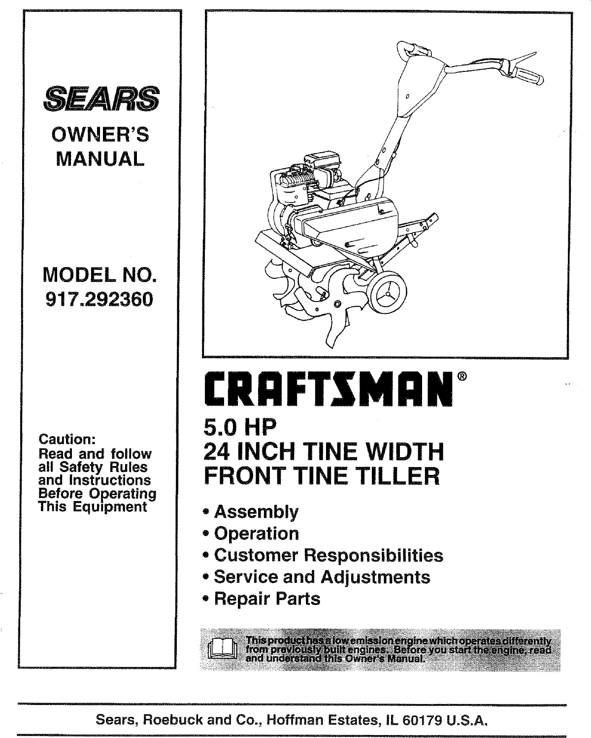 Craftsman 917292360 User Manual TILLER Manuals And Guides L0803549