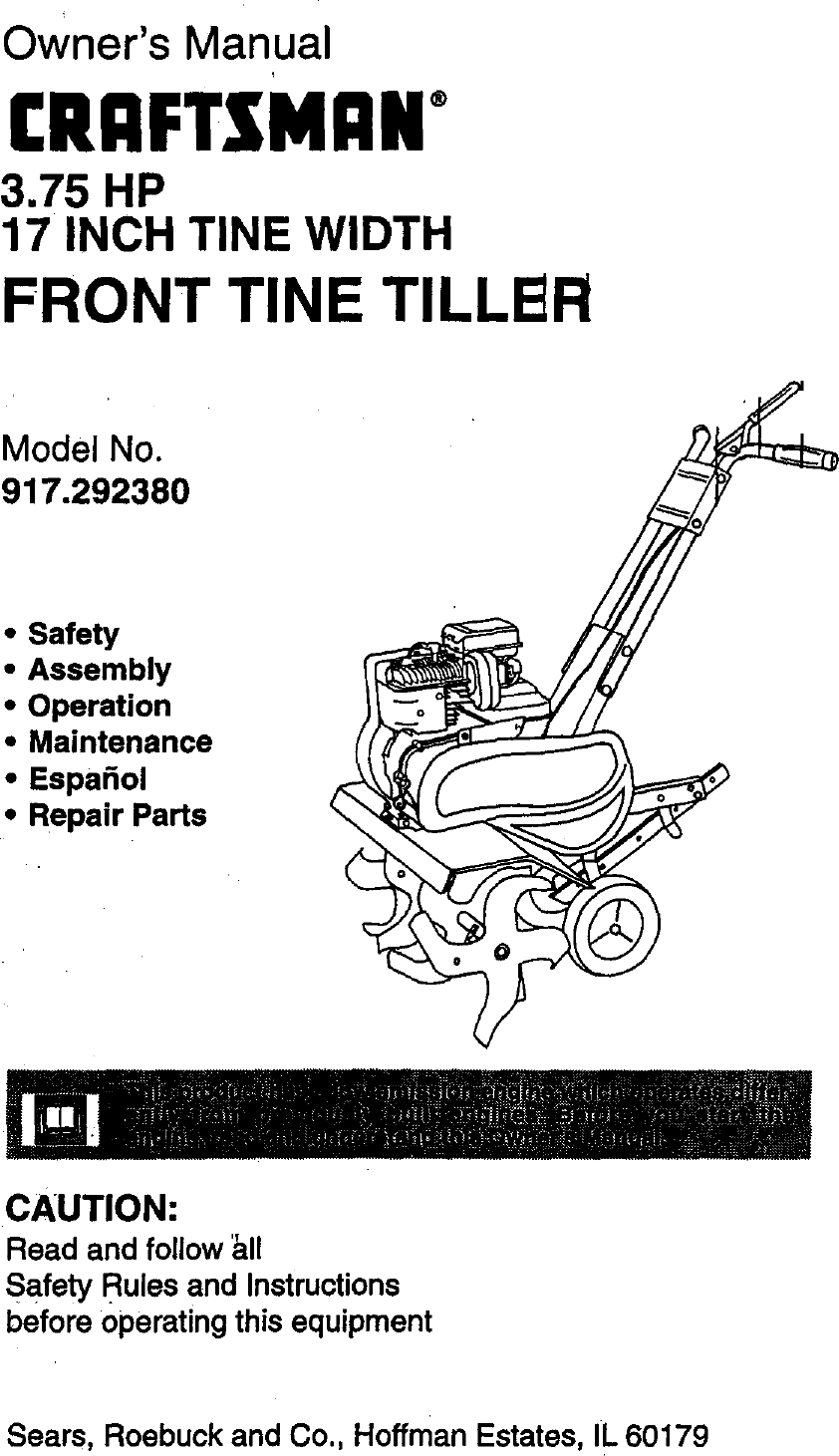 Craftsman 917292380 User Manual TILLER Manuals And Guides 98120029