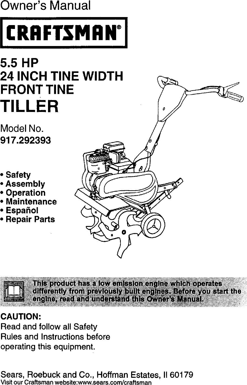 Craftsman 917292393 User Manual TILLER Manuals And Guides L0060079