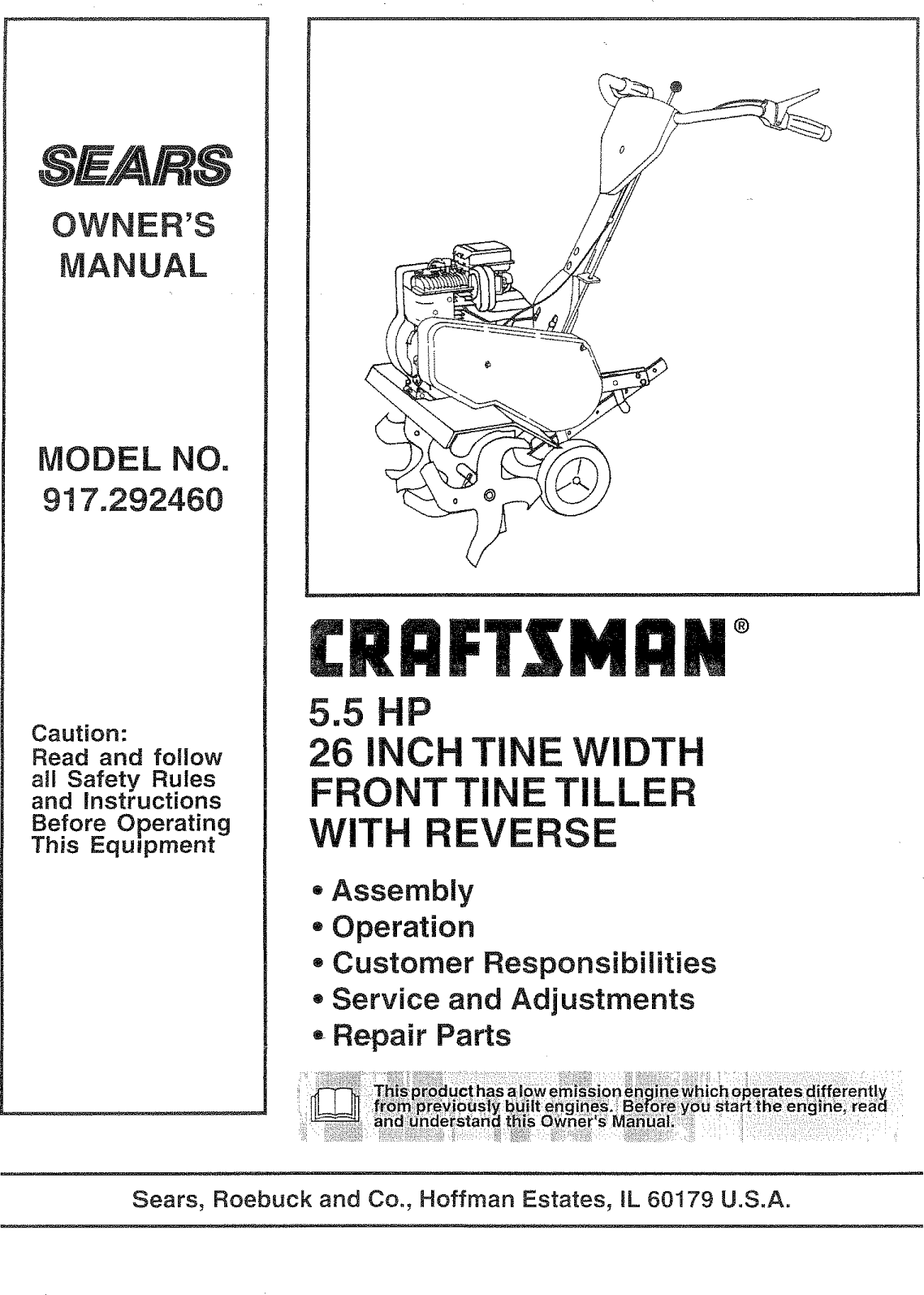 Craftsman 917292460 User Manual TILLER Manuals And Guides L0903307