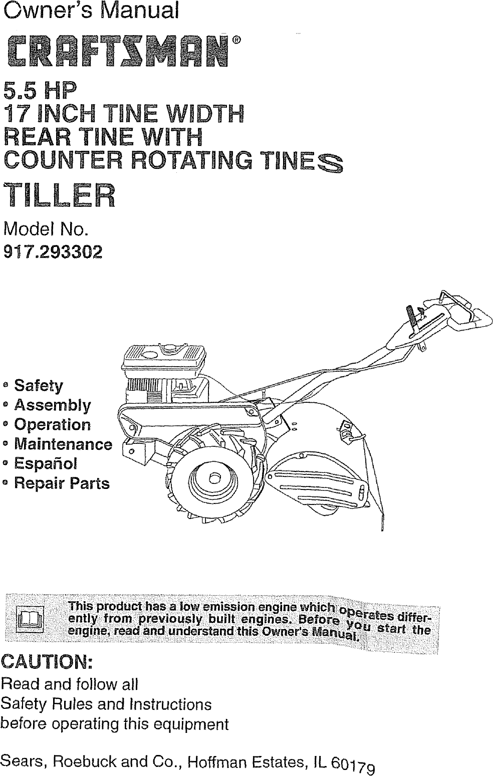 Craftsman 917293302 User Manual TILLER Manuals And Guides L0804440
