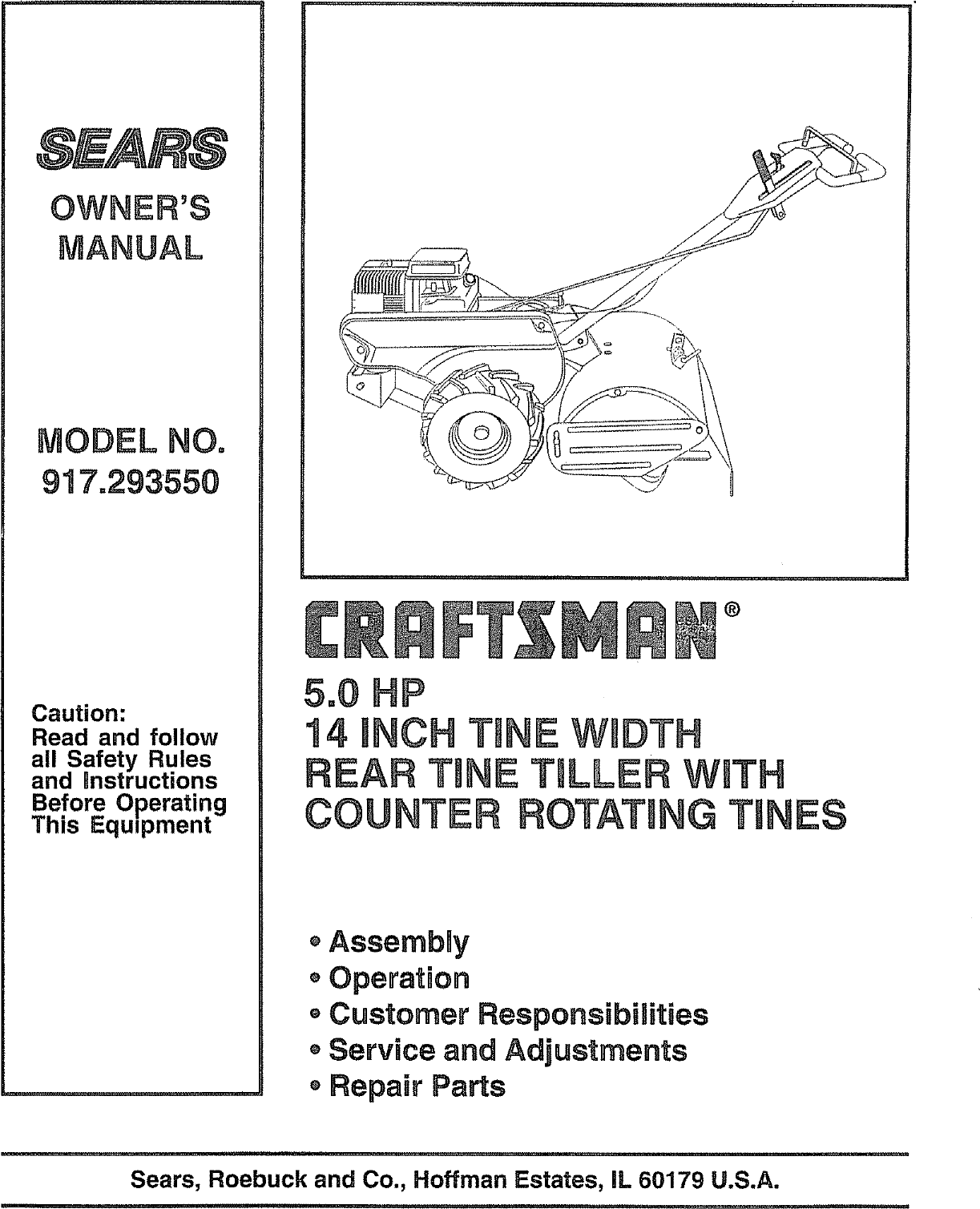 Craftsman 917293550 User Manual Rear Tine, Gas Tiller Manuals And ...