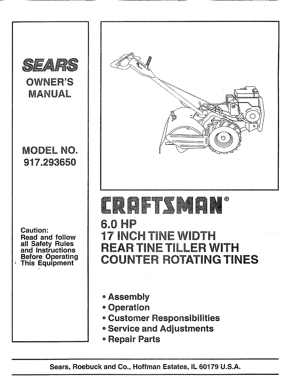Craftsman 917293650 User Manual Rear Tine Gas Tiller Manuals And