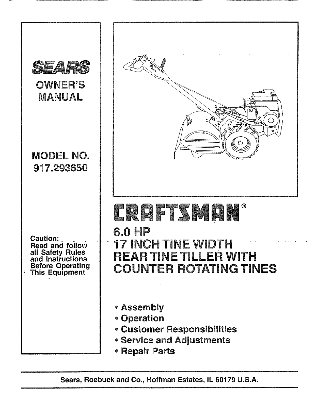 Craftsman 917293650 User Manual Rear Tine, Gas Tiller Manuals And ...