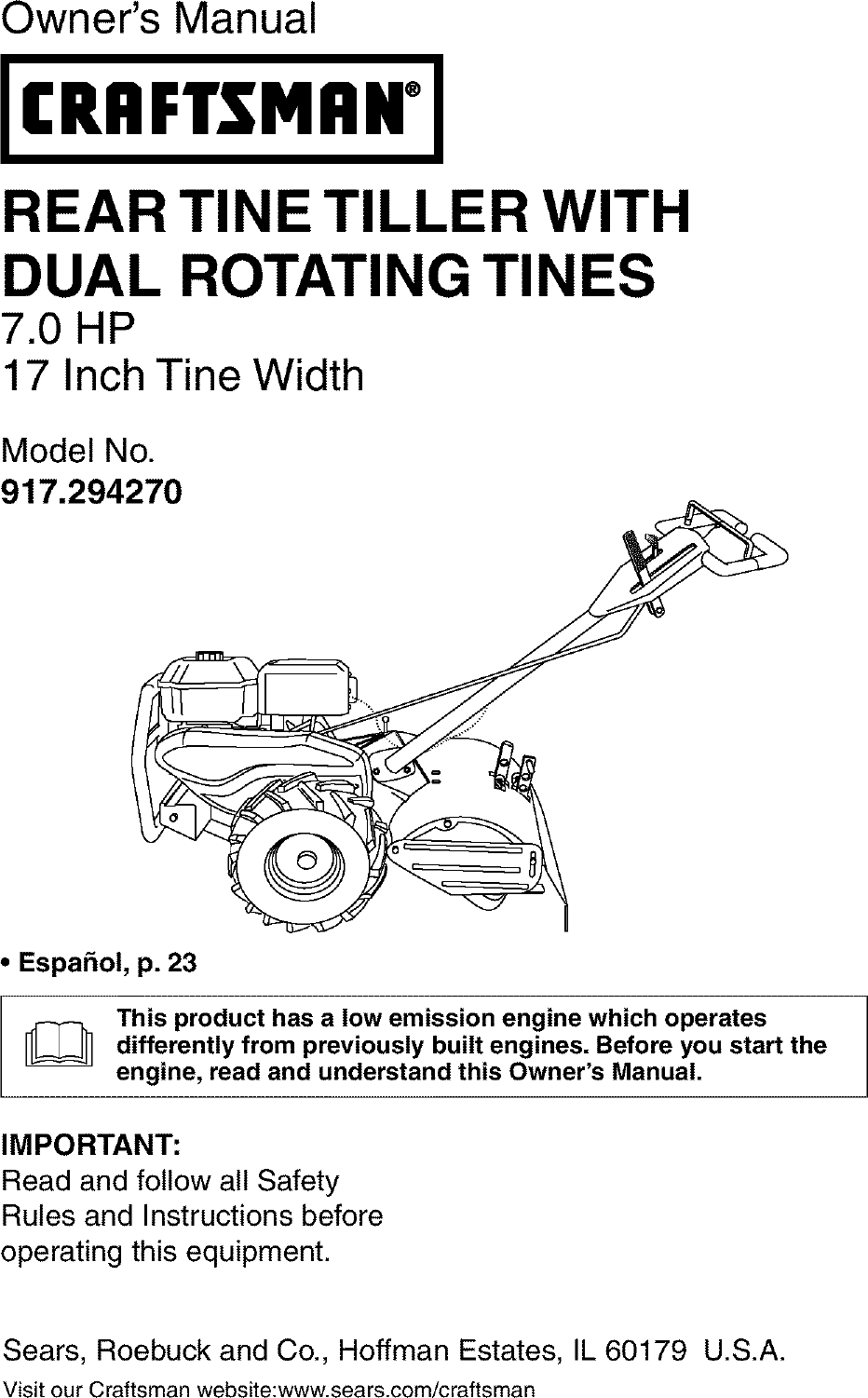 Craftsman 917294270 User Manual TILLER Manuals And Guides L0312211