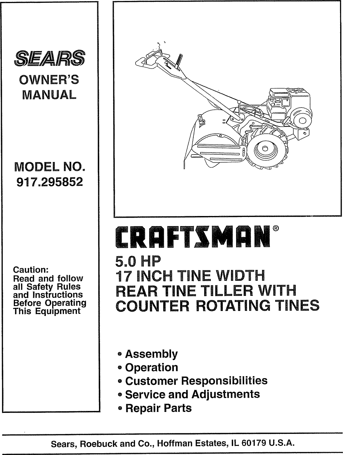 Craftsman 208cc Rear Tine Tiller Operator Instruction Maint Manual 247.29931 