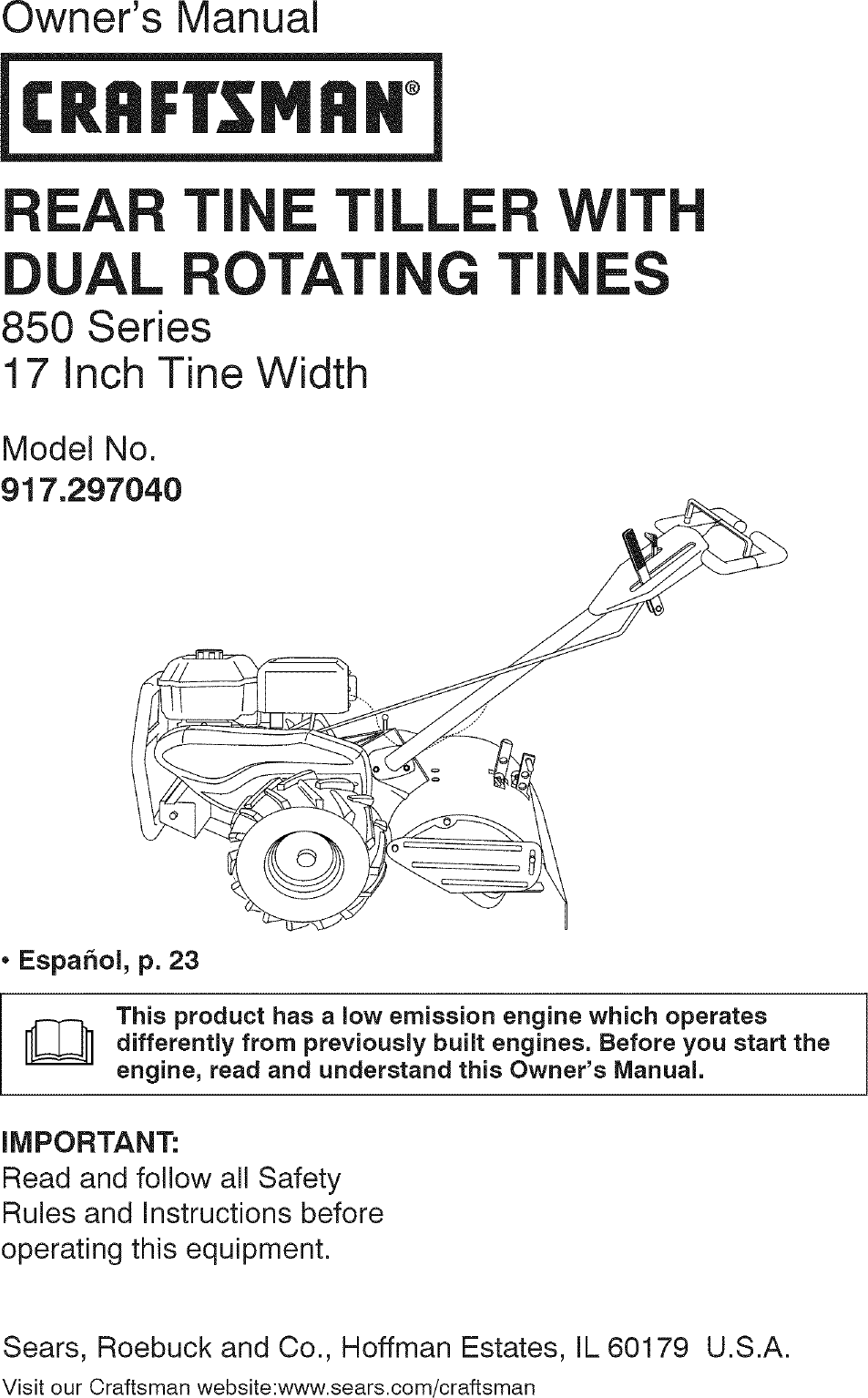 Craftsman 917297040 User Manual TILLER Manuals And Guides L0701386