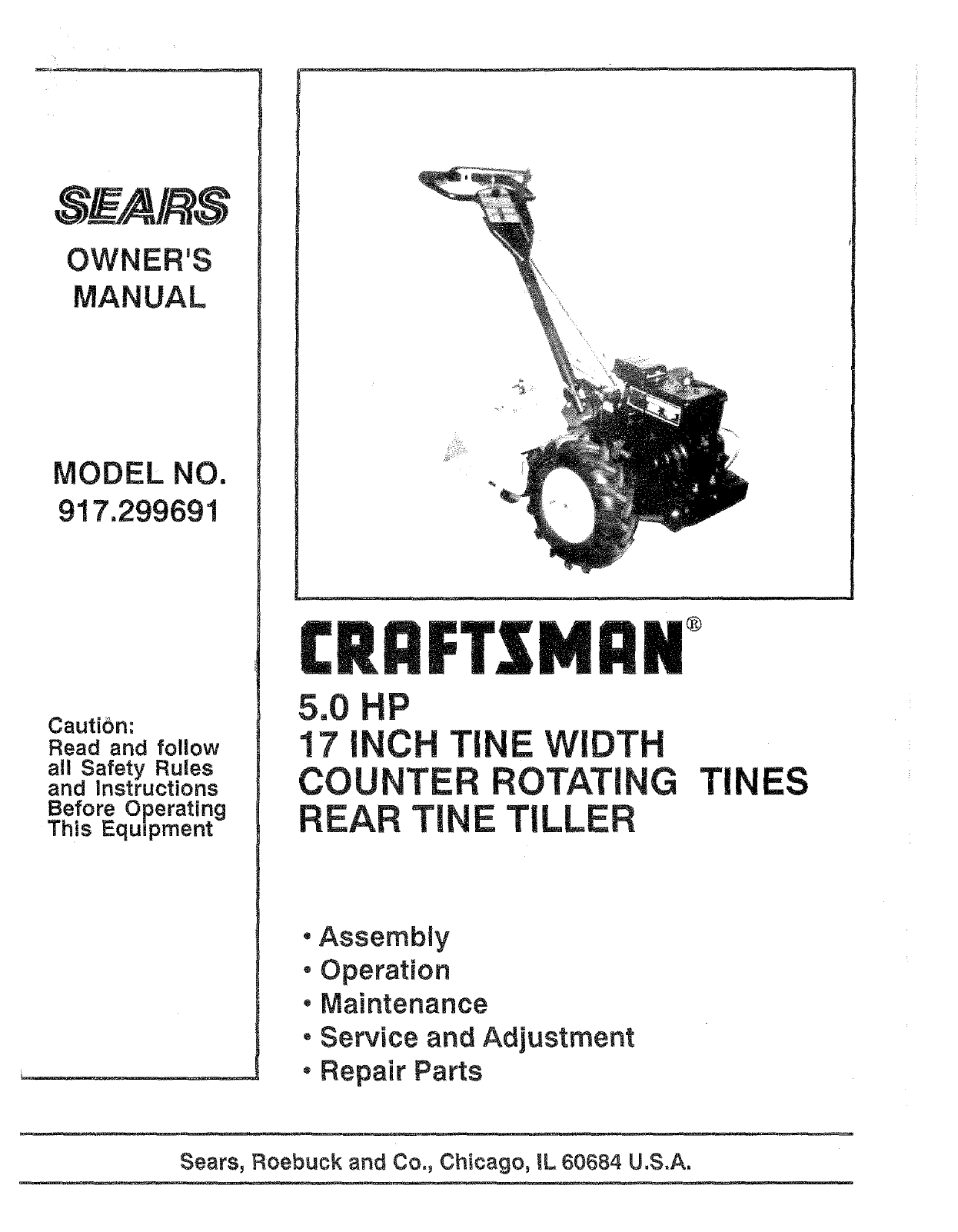 Craftsman 917299691 User Manual TILLER Manuals And Guides L0712254