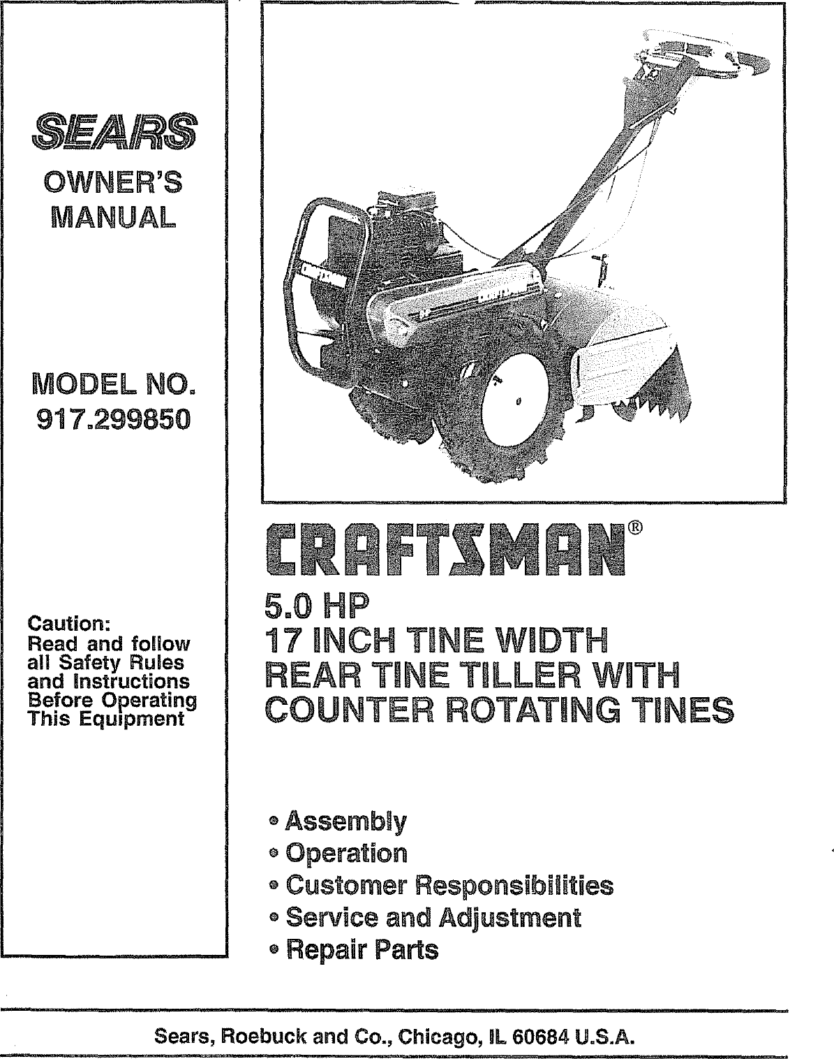 Craftsman 917299850 User Manual Rear Tine, Gas Tiller Manuals And