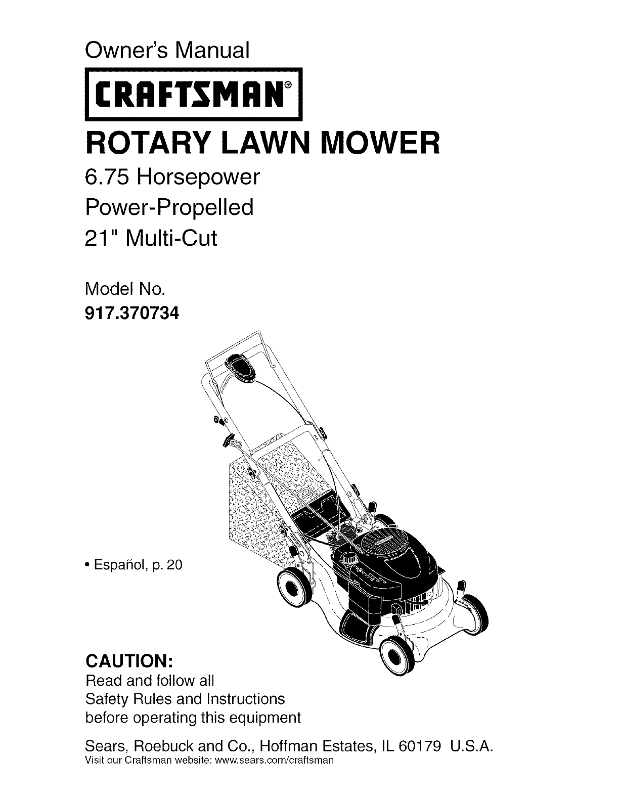 Craftsman 917370734 User Manual ROTARY MOWER Manuals And Guides L0605467