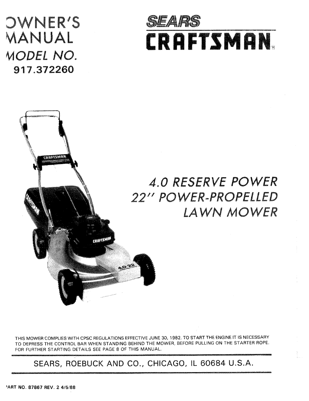 Craftsman 917372260 User Manual Lawn Mower Walk Behind Manuals And Guides L0806253
