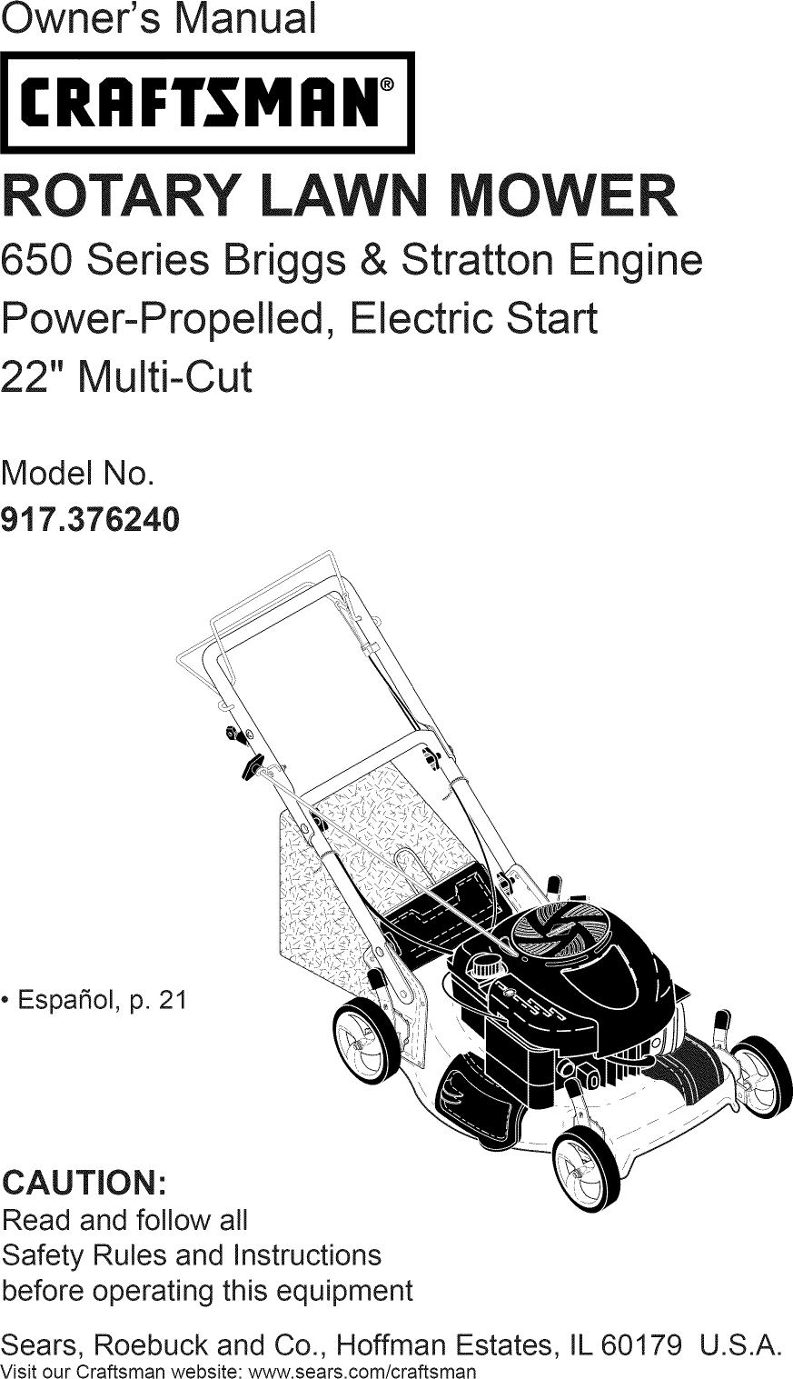 Craftsman 917376240 User Manual ROTARY MOWER Manuals And Guides 1105217L