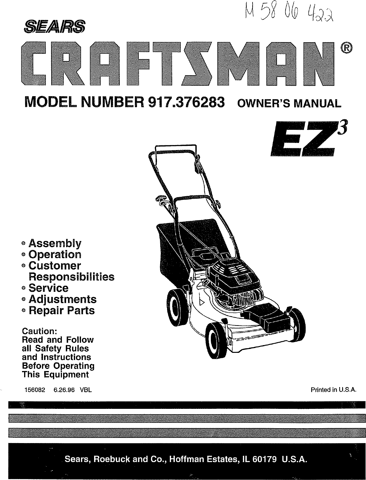 Craftsman 917376283 User Manual ROTARY MOWER Manuals And Guides L0807203