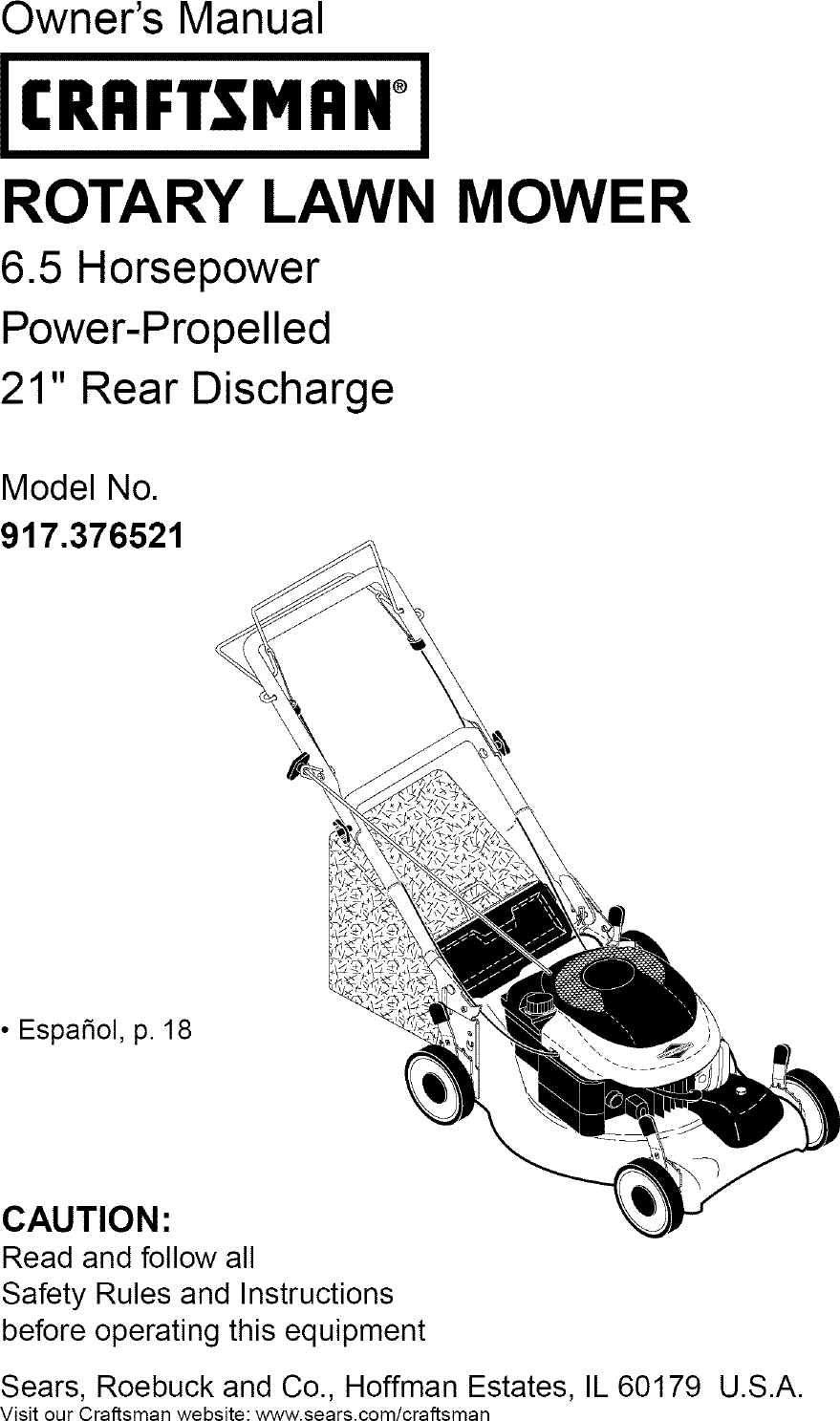 Craftsman 917376521 User Manual LAWN MOWER Manuals And Guides L0411326