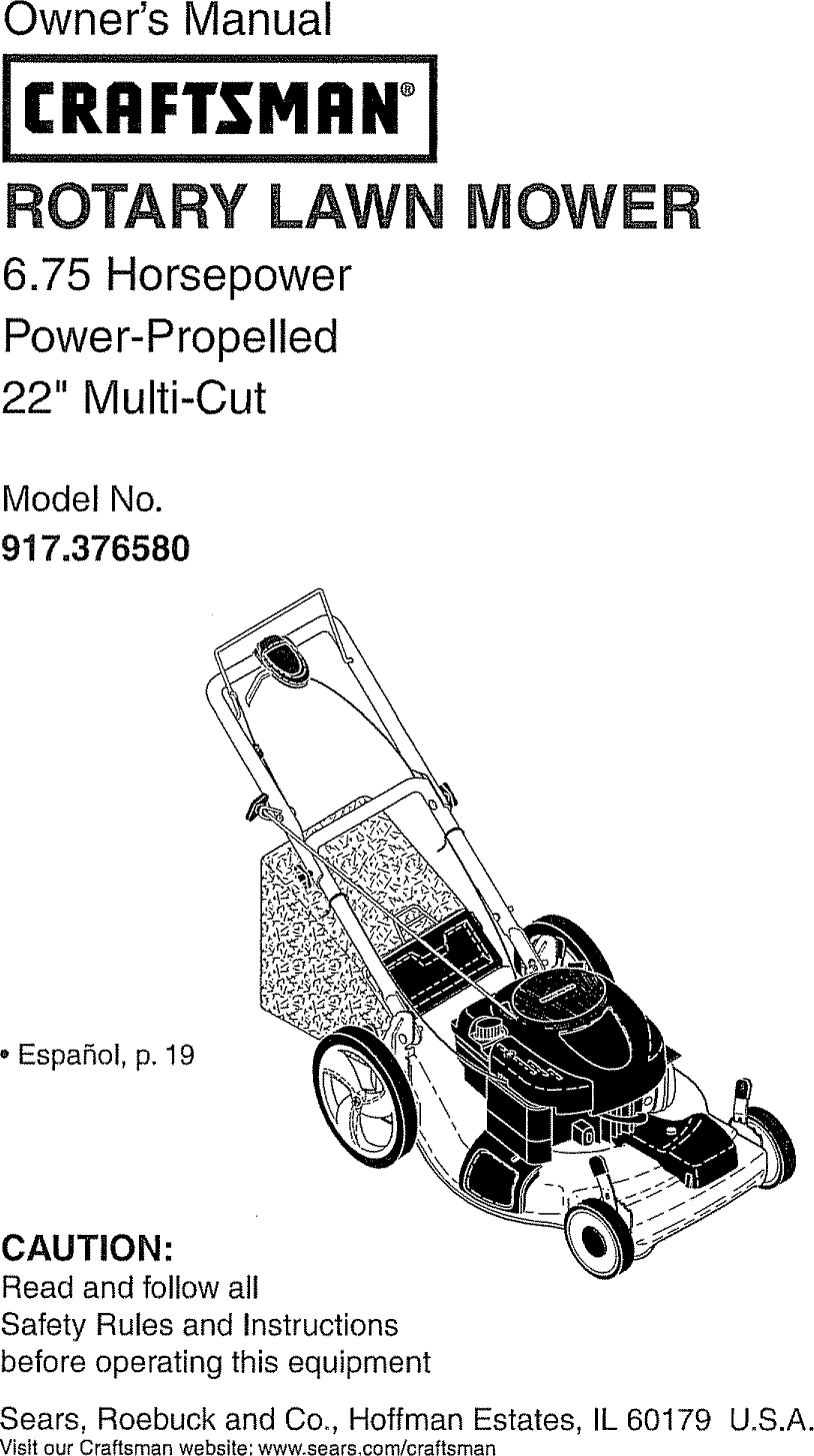 Craftsman 917376580 User Manual ROTARY MOWER Manuals And Guides L0810034