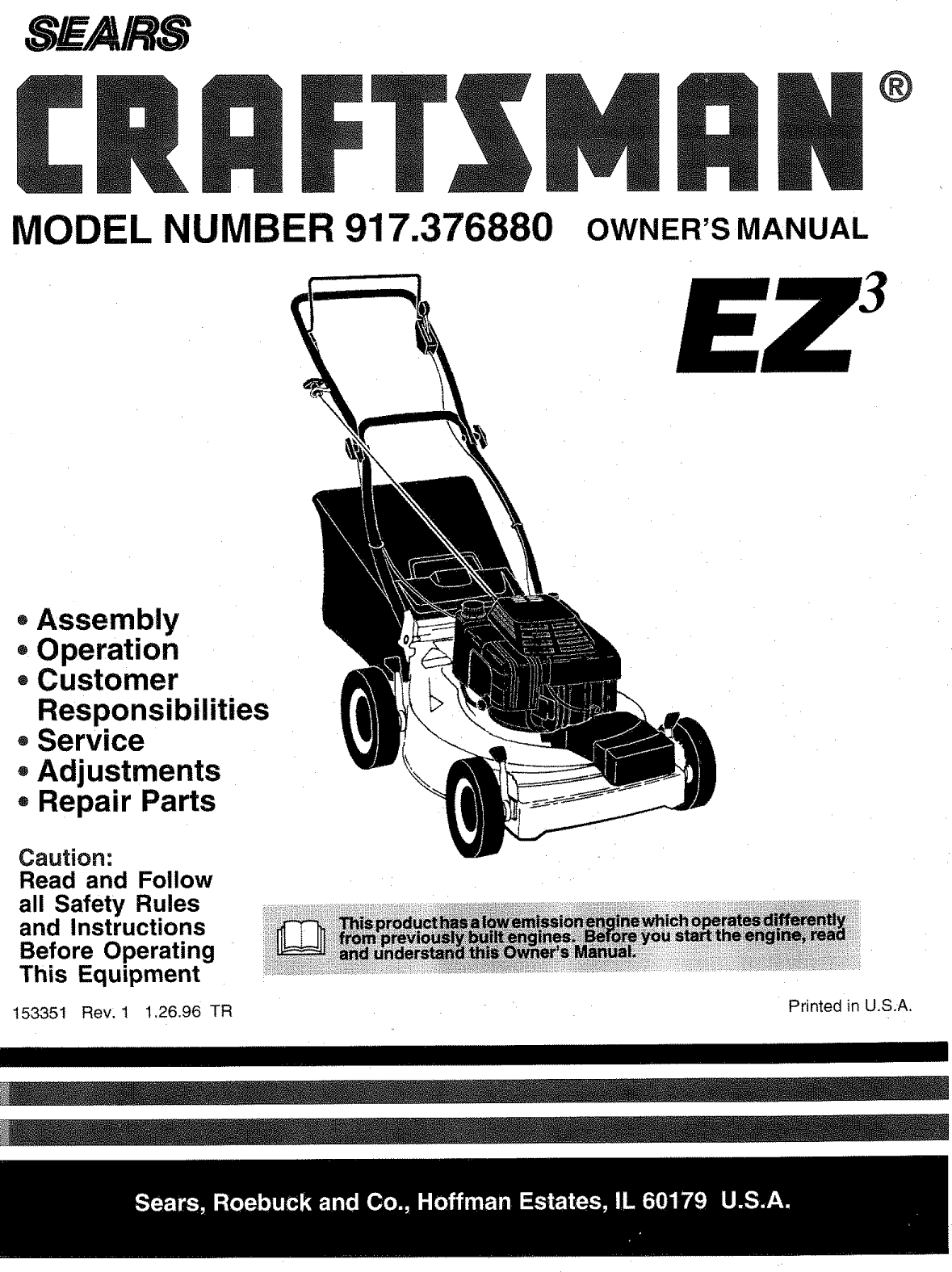 Craftsman 917376880 User Manual Mower Manuals And Guides L0903308