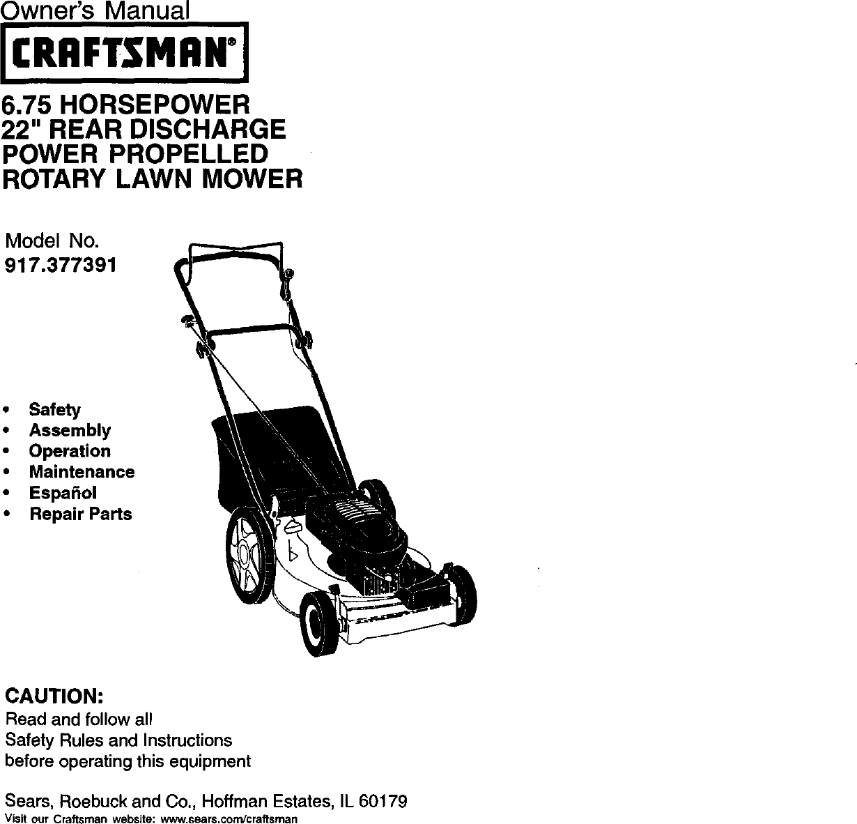 Craftsman 917377391 User Manual Rotary Mower Manuals And Guides L0101086