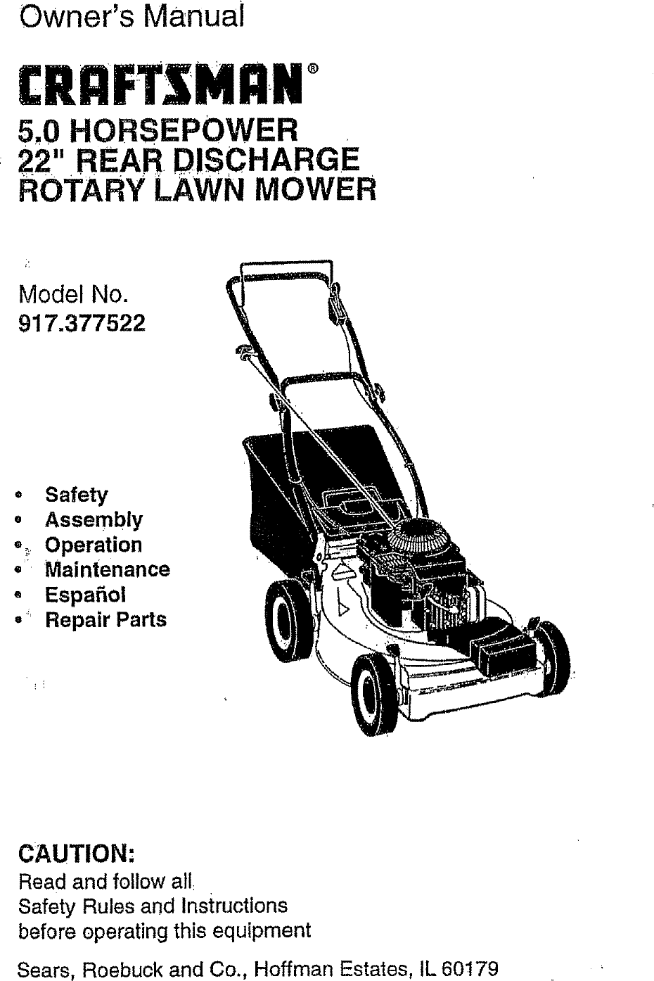 Craftsman 917377522 User Manual ROTARY MOWER Manuals And Guides L0711402