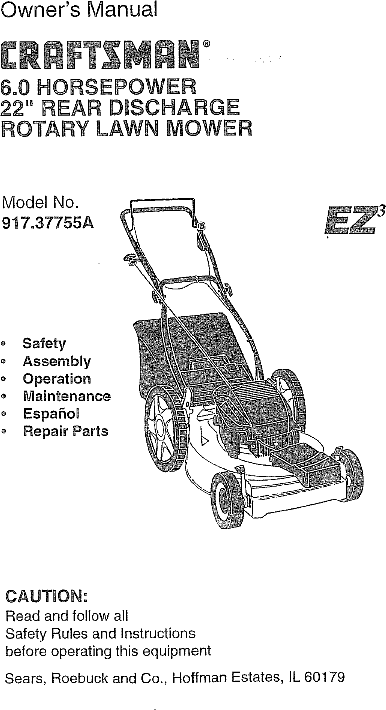 Craftsman 91737755A User Manual ROTARY MOWER Manuals And Guides L0809071