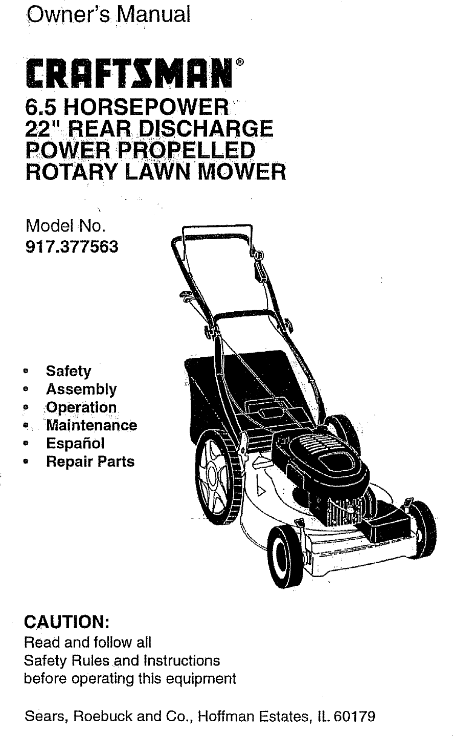 Craftsman 917377563 User Manual ROTARY MOWER Manuals And Guides L0804019