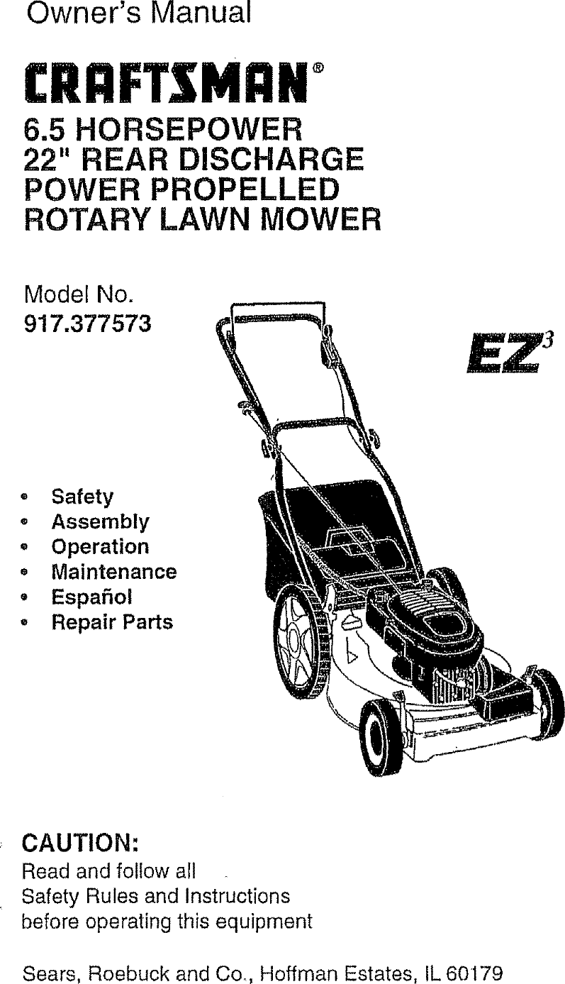 Craftsman 917377573 User Manual ROTARY MOWER Manuals And Guides L0711403