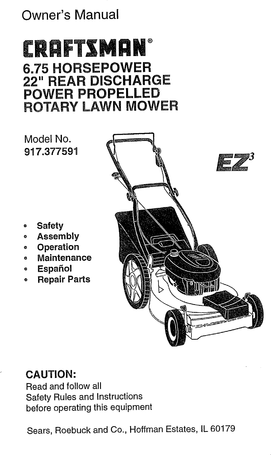 Craftsman 917377591 User Manual ROTARY MOWER Manuals And Guides L0804233