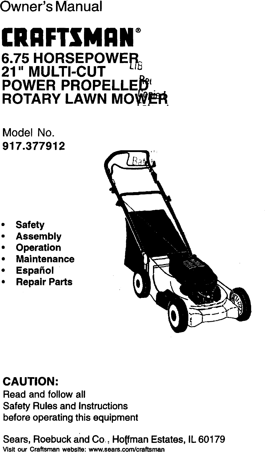 Craftsman 917377912 User Manual ROTARY MOWER Manuals And Guides L0070109