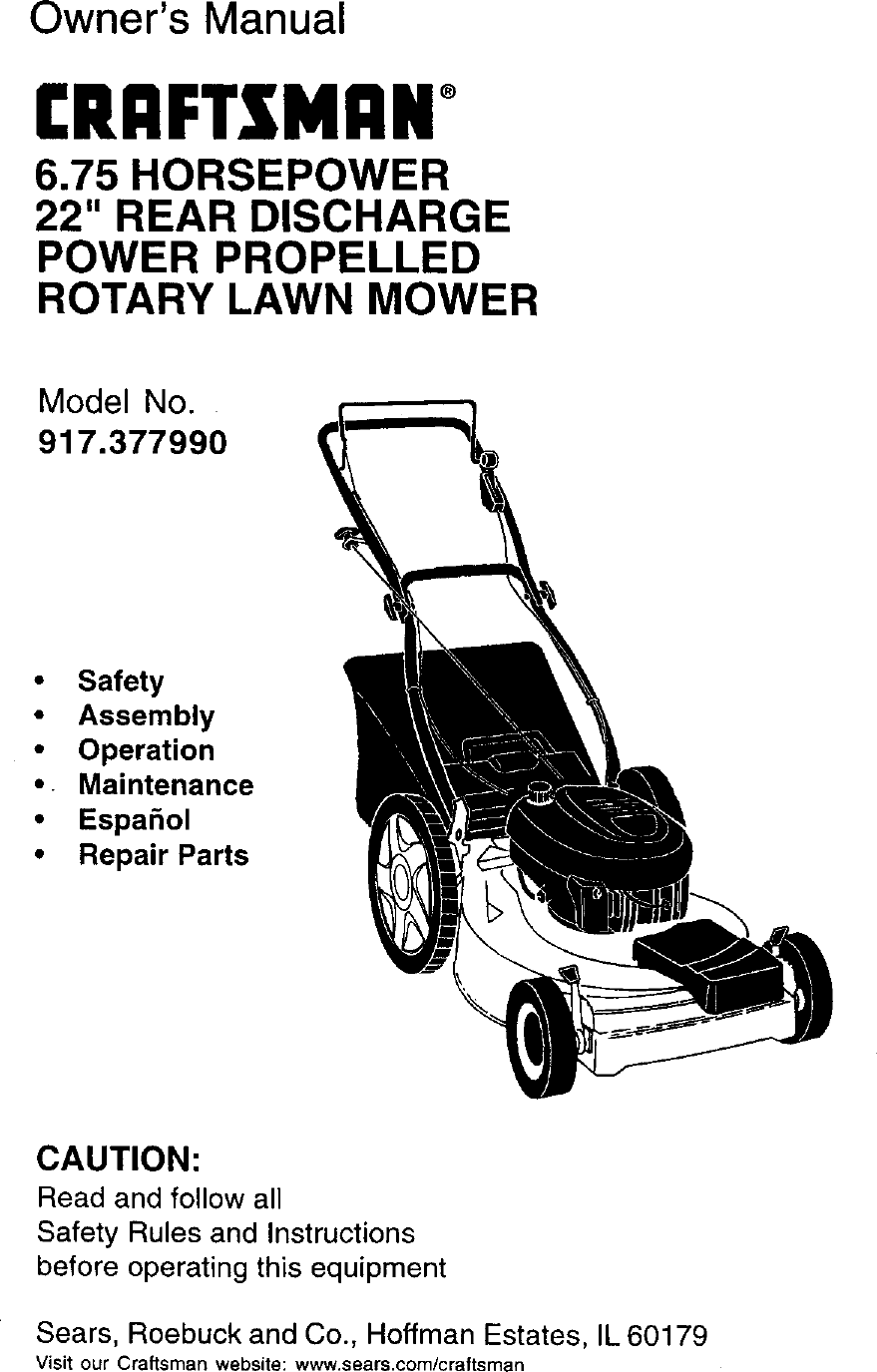 Craftsman 917377990 User Manual ROTARY MOWER Manuals And Guides L9910341