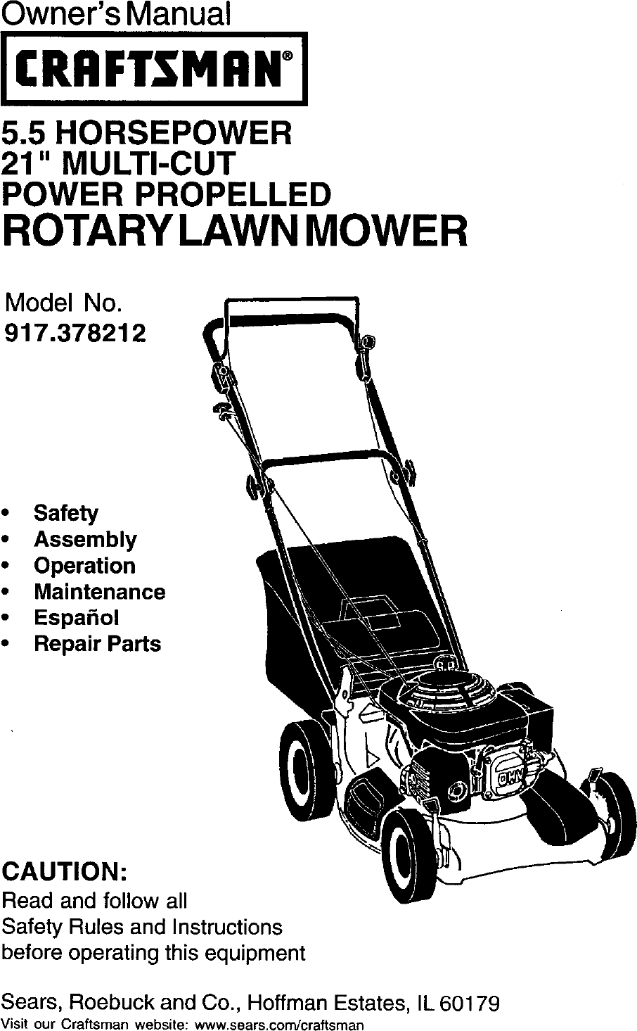 Craftsman 917378212 User Manual LAWN MOWER Manuals And Guides L0112030