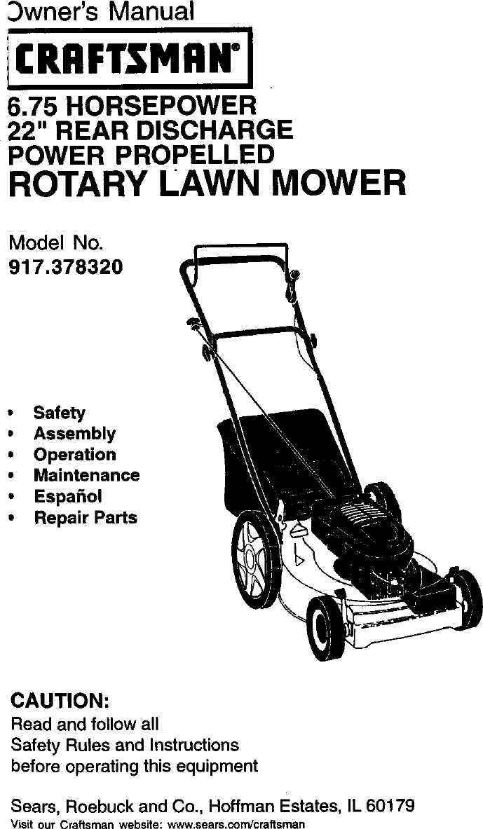 Craftsman 917378320 User Manual Rotary Mower Manuals And Guides L0101087