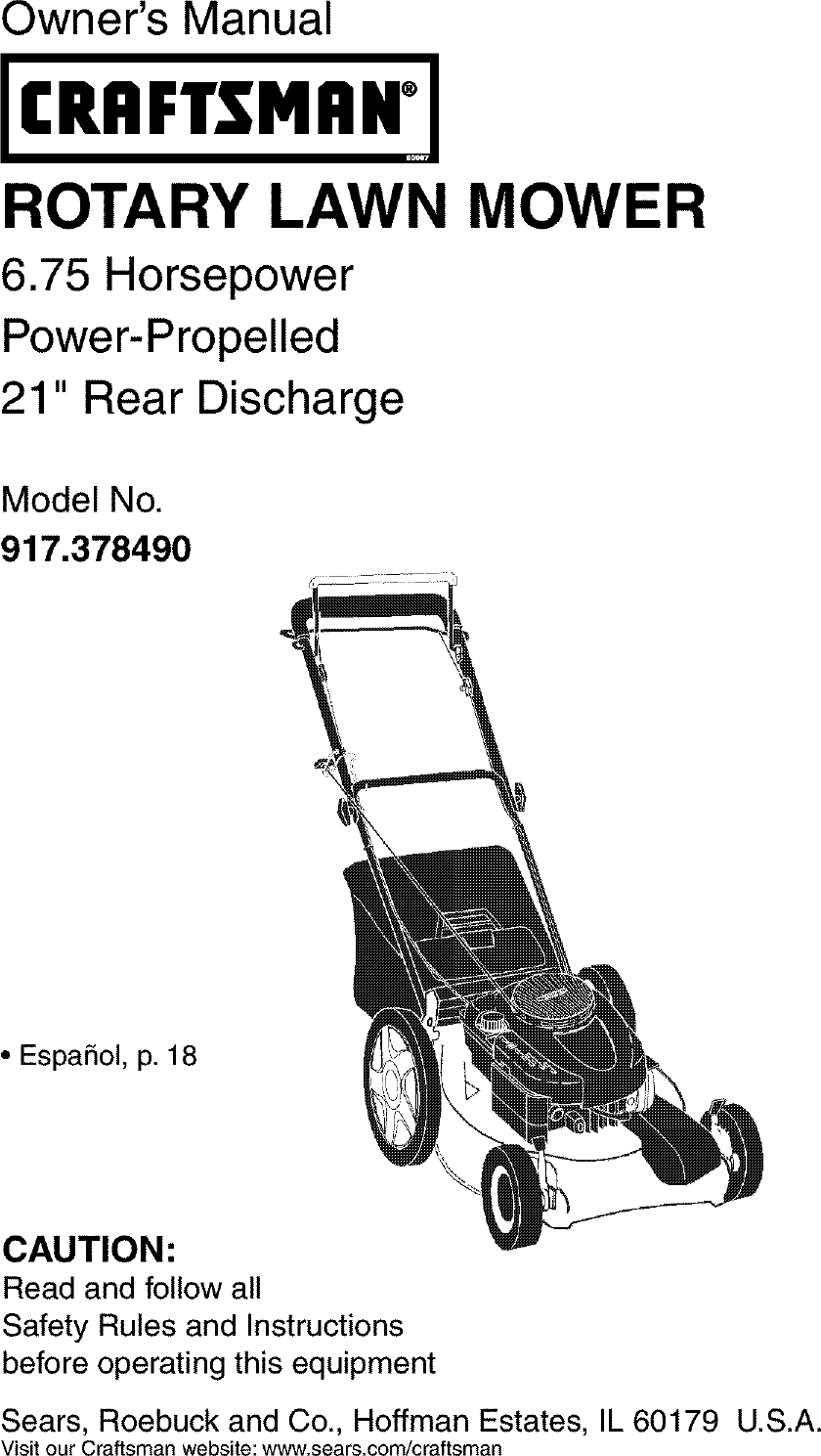 Craftsman 917378490 User Manual Gas, Walk Behind Lawnmower Manuals And ...