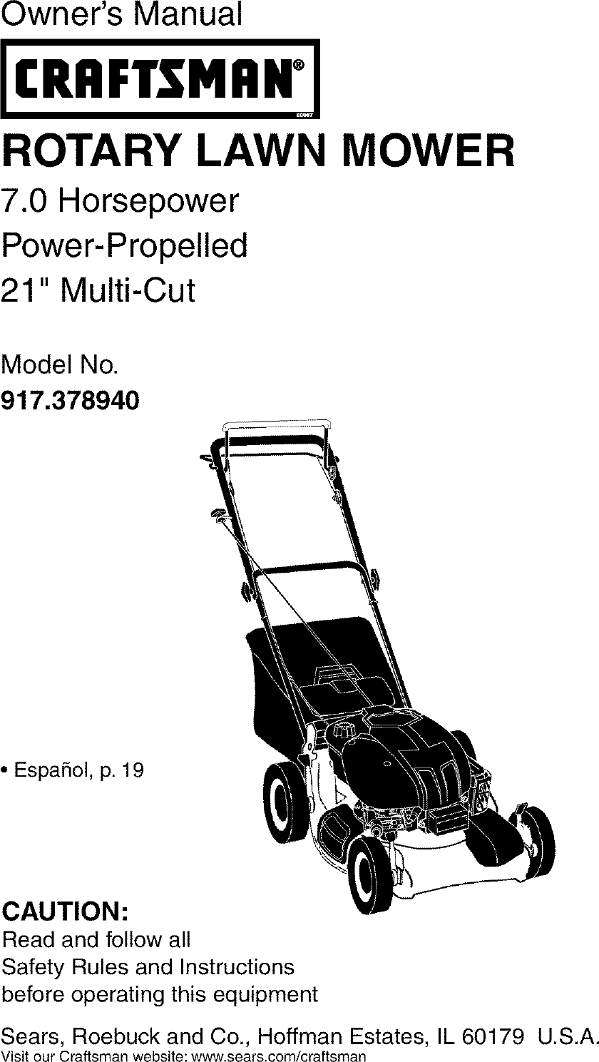Craftsman 917378940 User Manual Gas, Walk Behind Lawnmower Manuals And ...