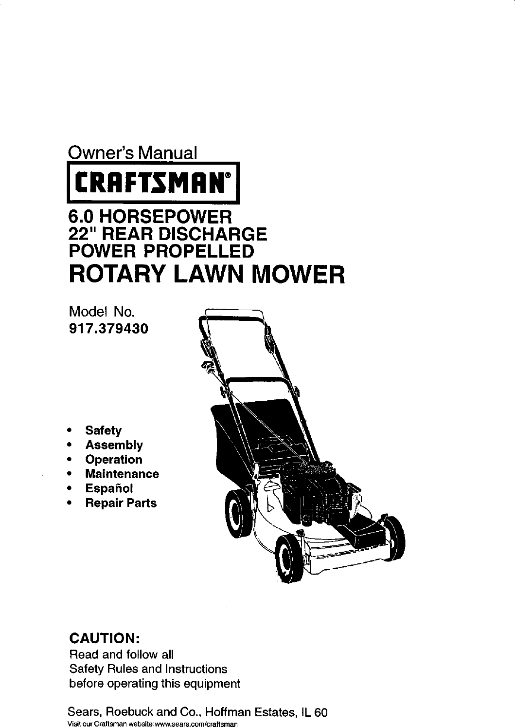 Craftsman 917379430 User Manual 22 Lawn Mower Manuals And Guides L0101245