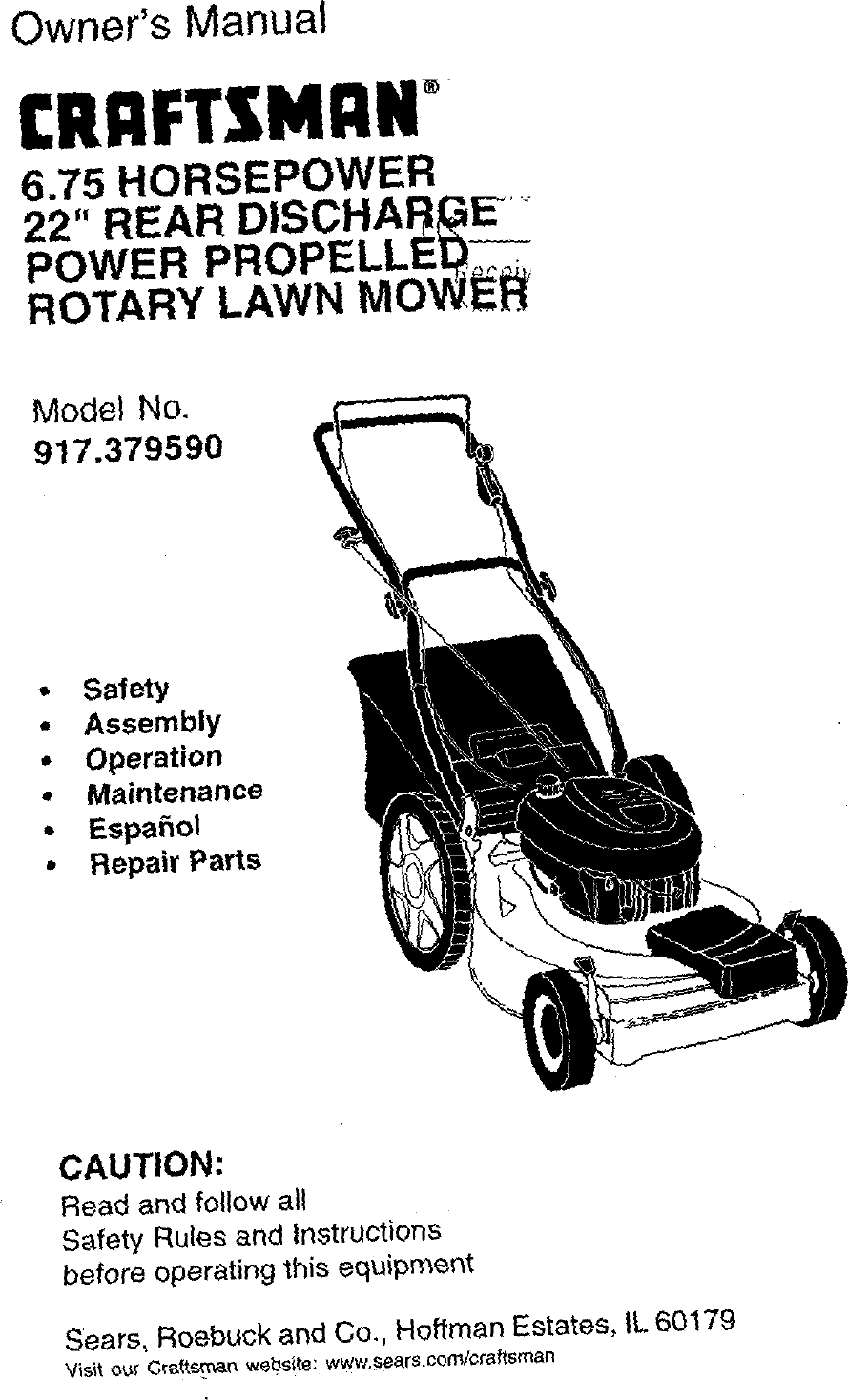 Craftsman 917379590 User Manual ROTARY MOWER Manuals And Guides L9910333