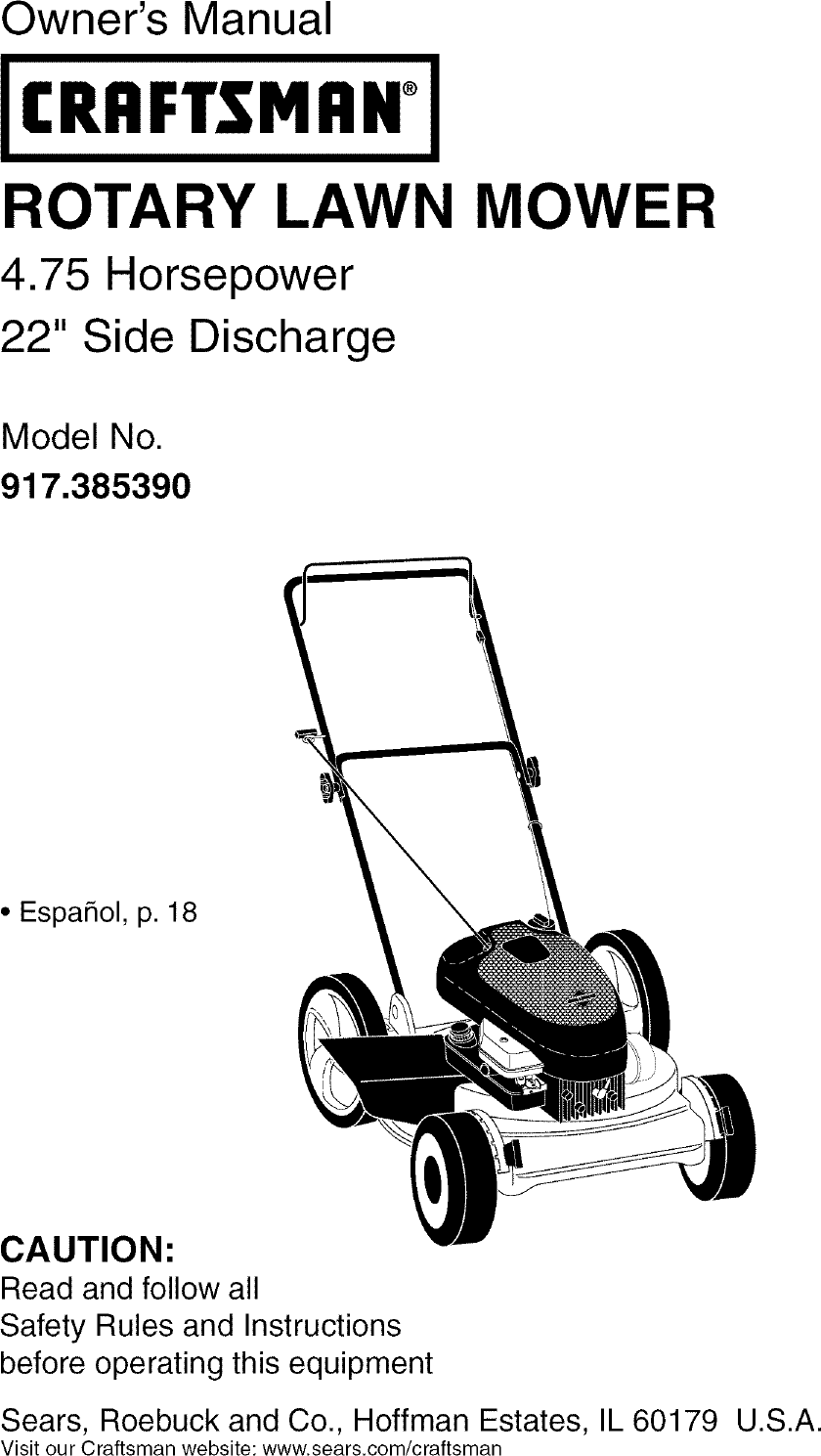 Craftsman 917385390 User Manual MOWER Manuals And Guides L0603108