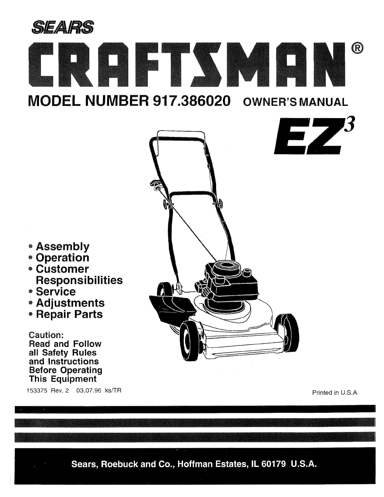 Craftsman 917386020 User Manual Rotary Lawn Mower Manuals And Guides L0904343