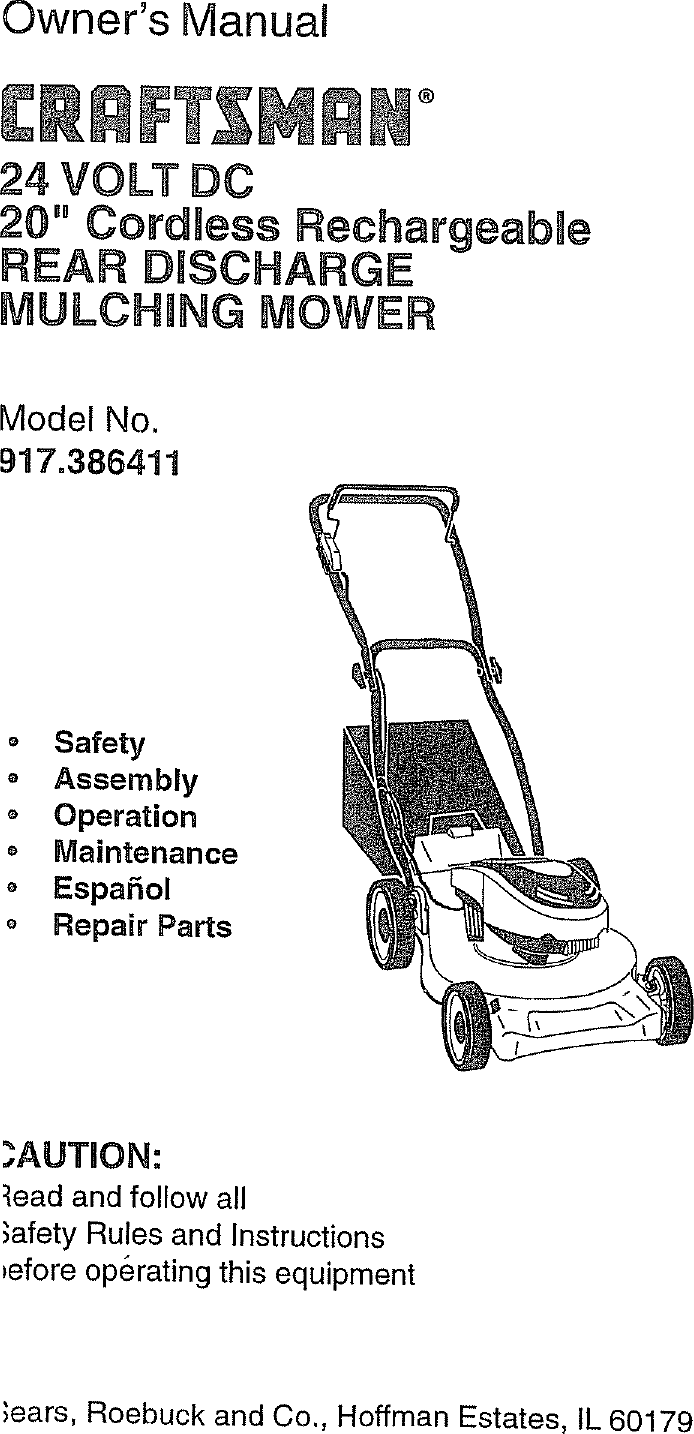 Craftsman 917386411 User Manual ROTARY MOWER Manuals And Guides L0807081