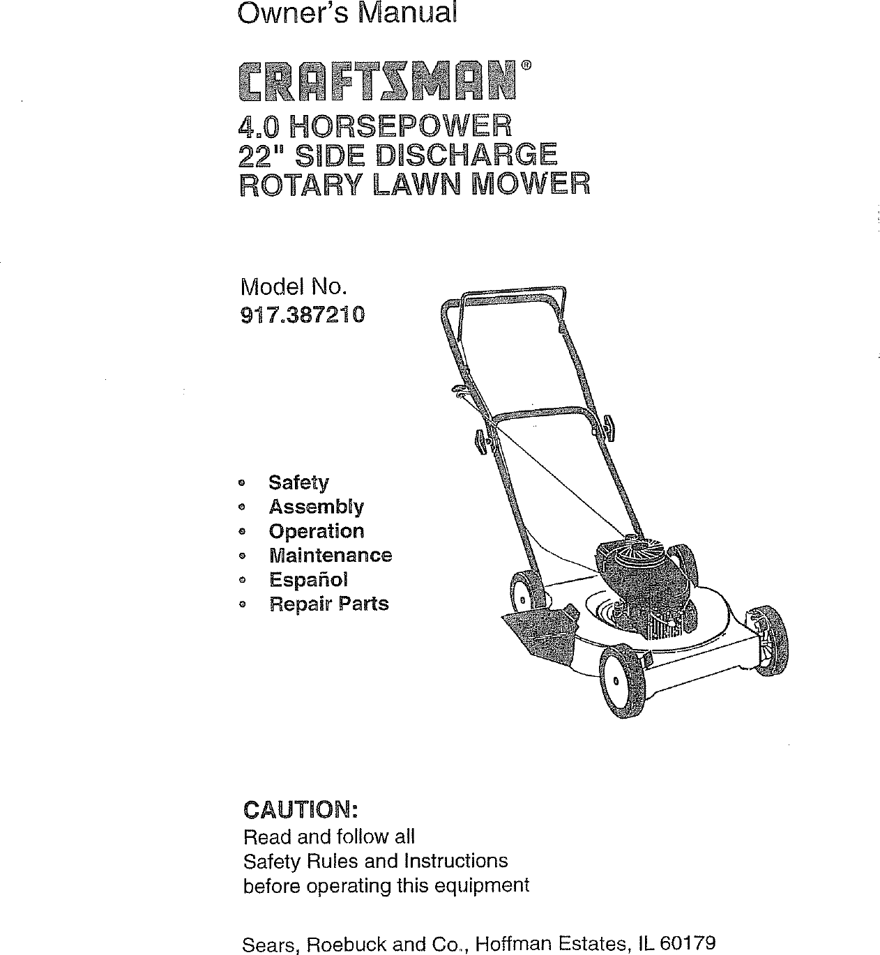 Craftsman 917387210 User Manual ROTARY MOWER Manuals And Guides L0807435