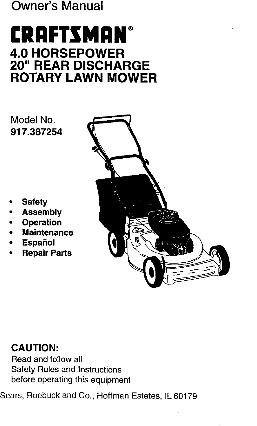 Craftsman 917387254 User Manual ROTARY MOWER Manuals And Guides 98120003