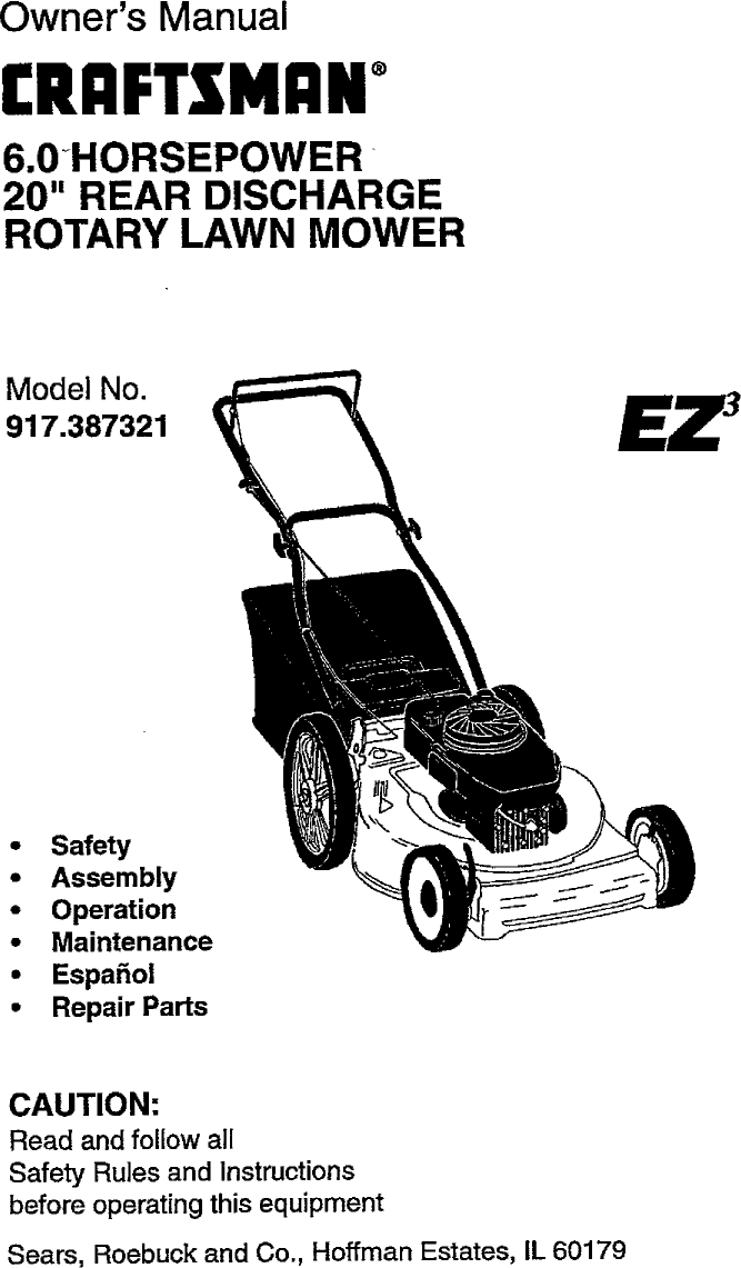 Craftsman 917387321 User Manual ROTARY MOWER Manuals And Guides 1106295L