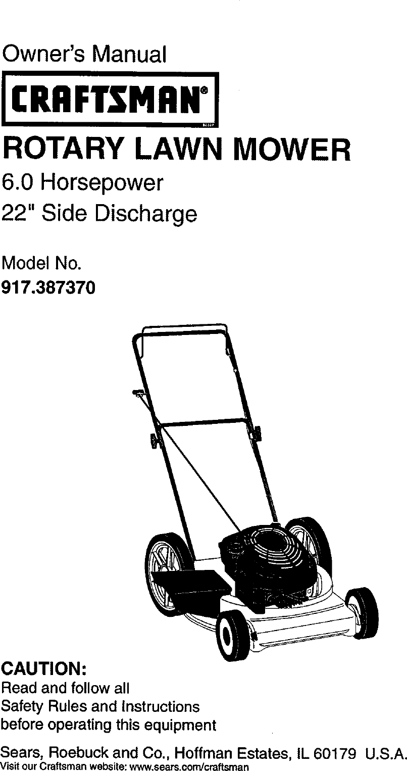 Craftsman 917387370 User Manual ROTARY MOWER Manuals And Guides L0211310