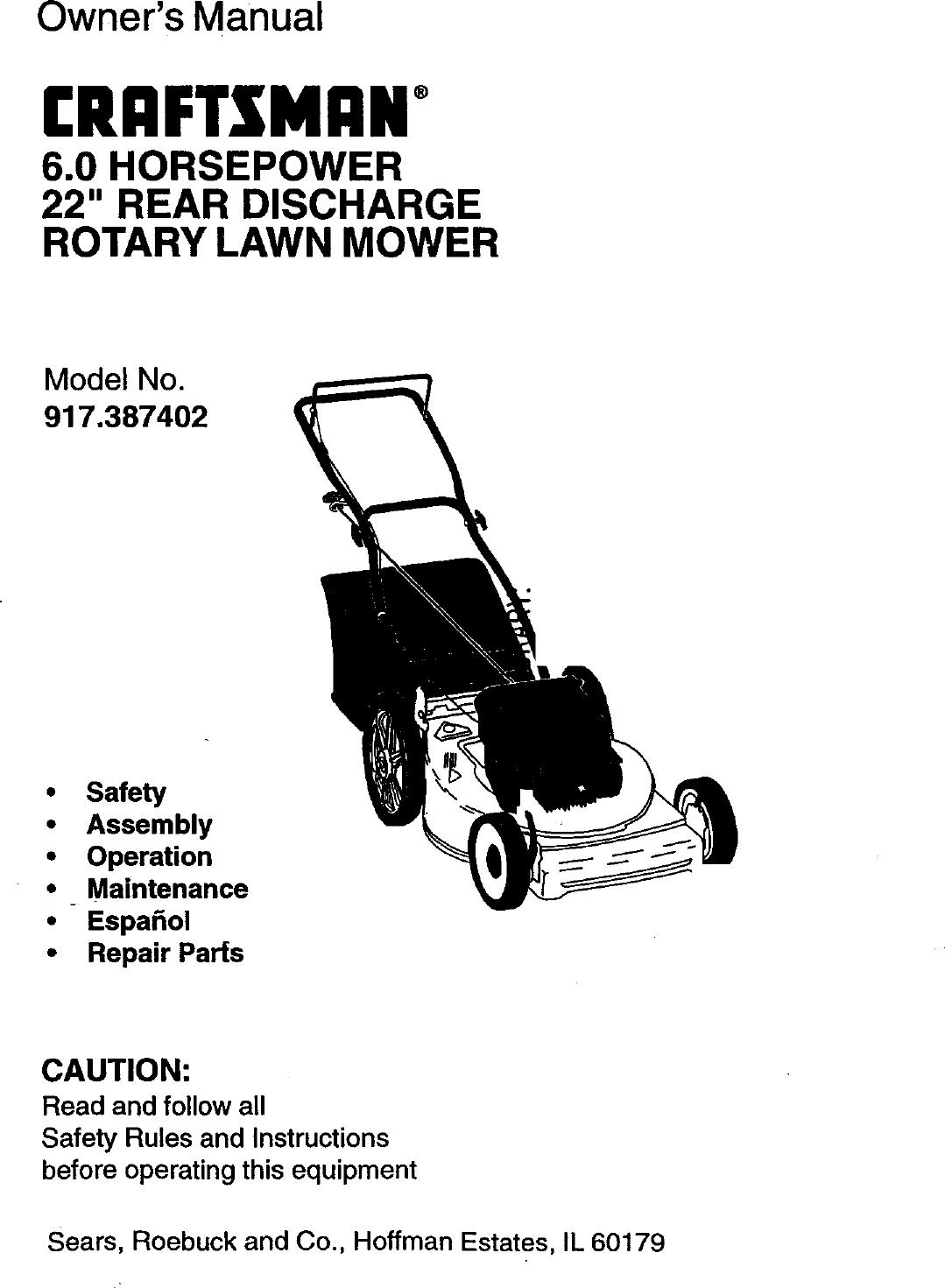 Craftsman 917387402 User Manual ROTARY MOWER Manuals And Guides 98120006