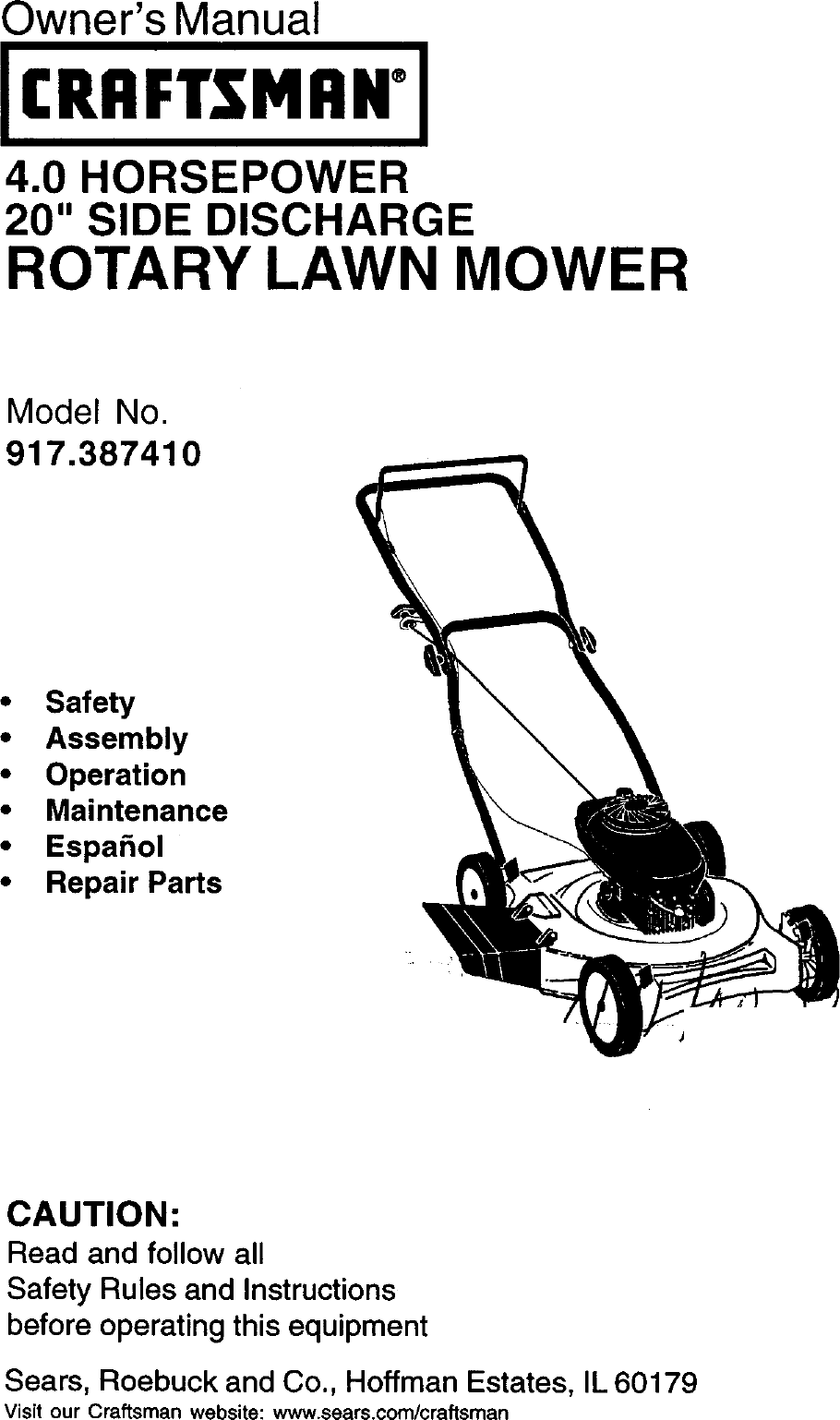 Craftsman 917387410 User Manual ROTARY MOWER Manuals And Guides L0070092