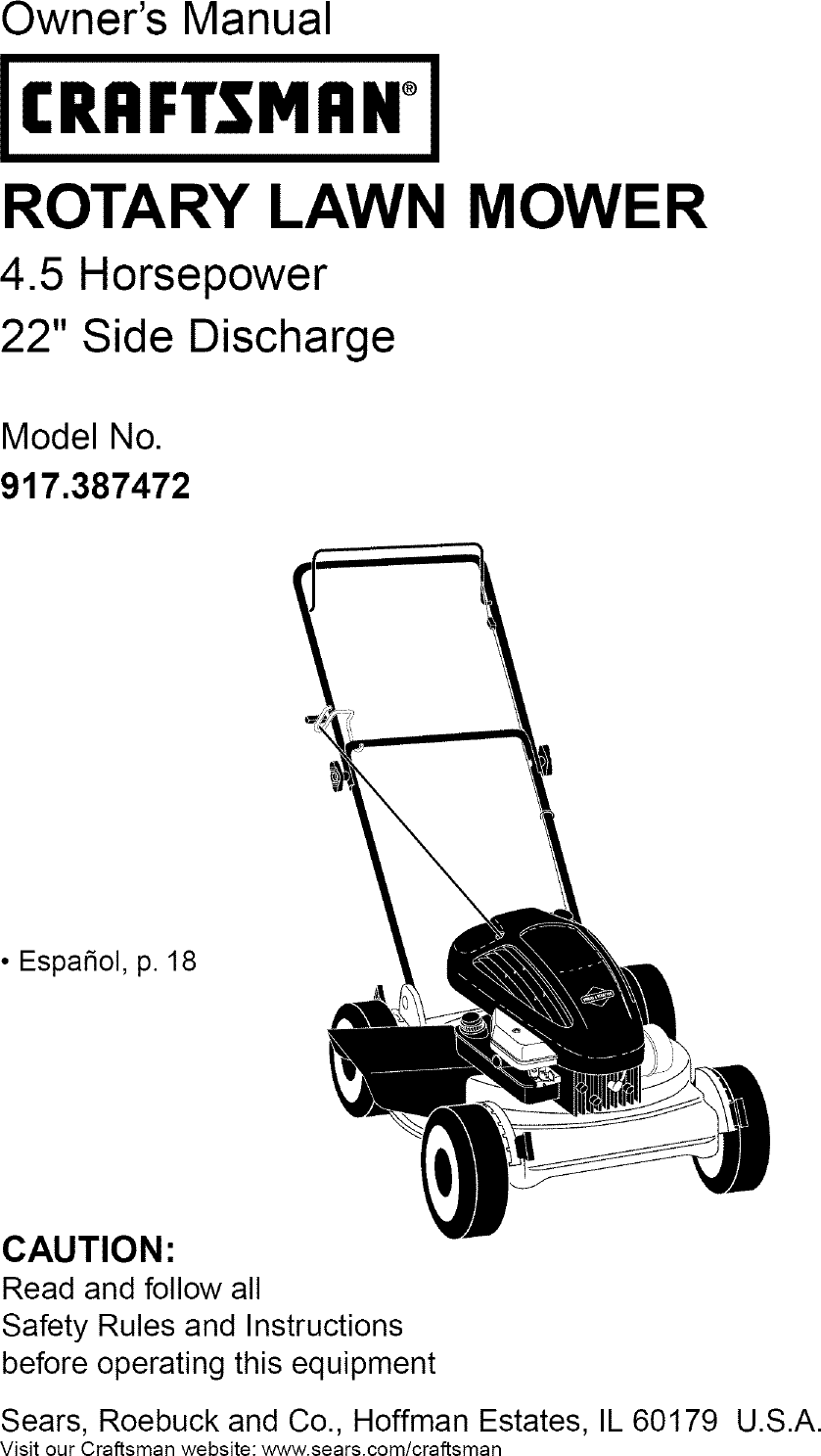 Craftsman 917387472 User Manual LAWN MOWER Manuals And Guides L0409197