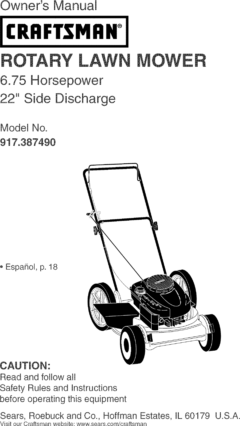 Craftsman 917387490 User Manual ROTARY MOWER Manuals And Guides L0407510