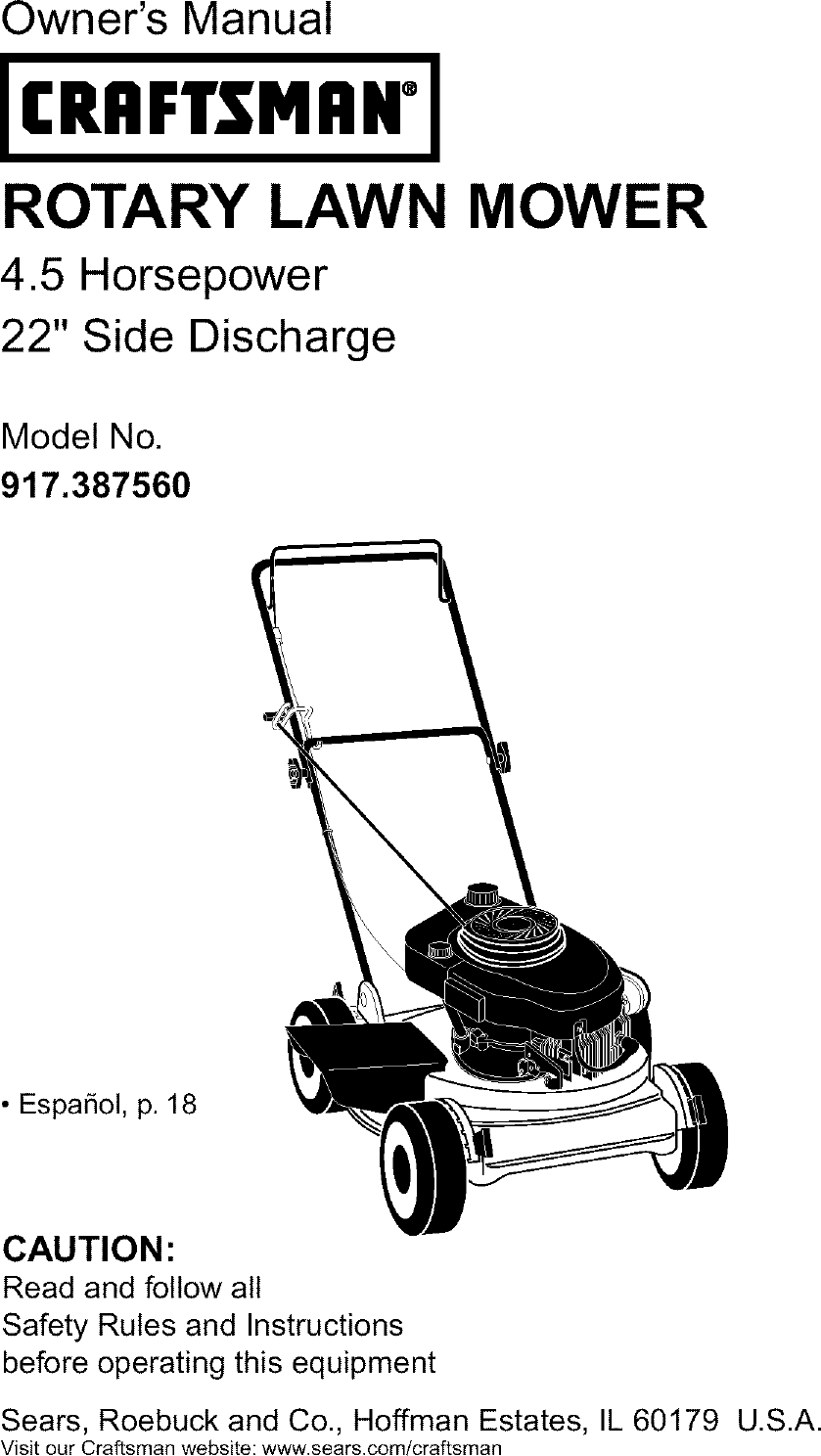 Craftsman 917387560 User Manual LAWN MOWER Manuals And Guides L0405214
